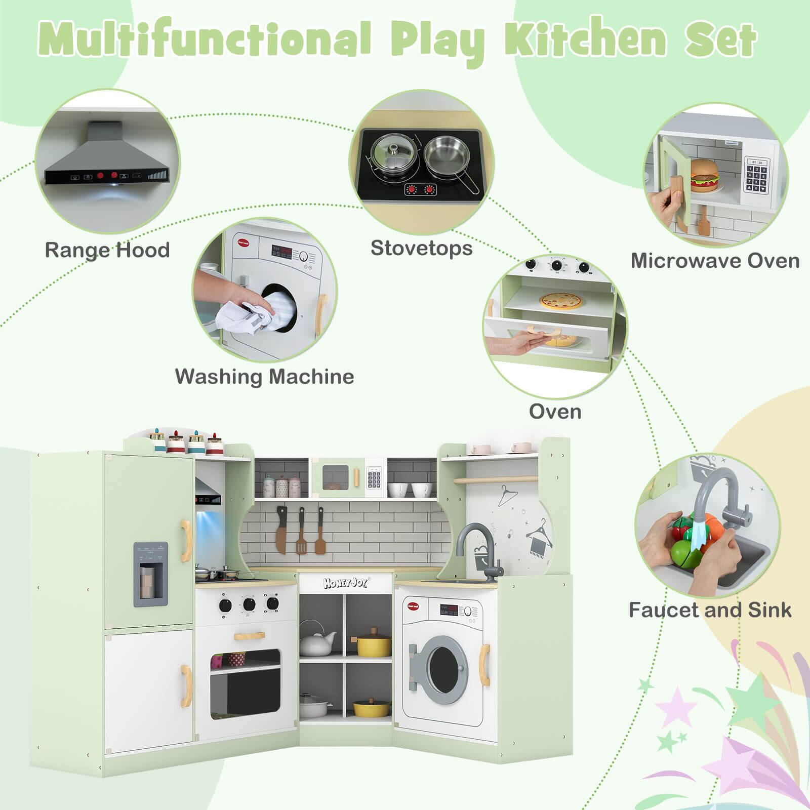 Multifunctional Play Kitchen Set

- Range Hood
- Stovetops
- Microwave Oven
- Oven
- Washing Machine
- Faucet and Sink