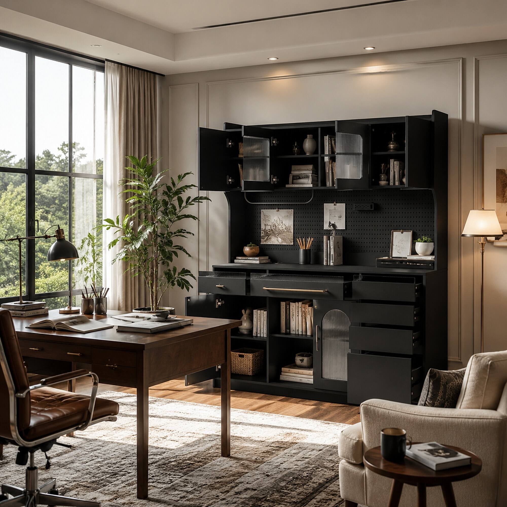Left. RYHNUYNE - Freestanding 63 Inch Buffet with Hutch, Coffee Bar Storage Cabinet with 6 Drawers and Power Outlet, Black - Black.