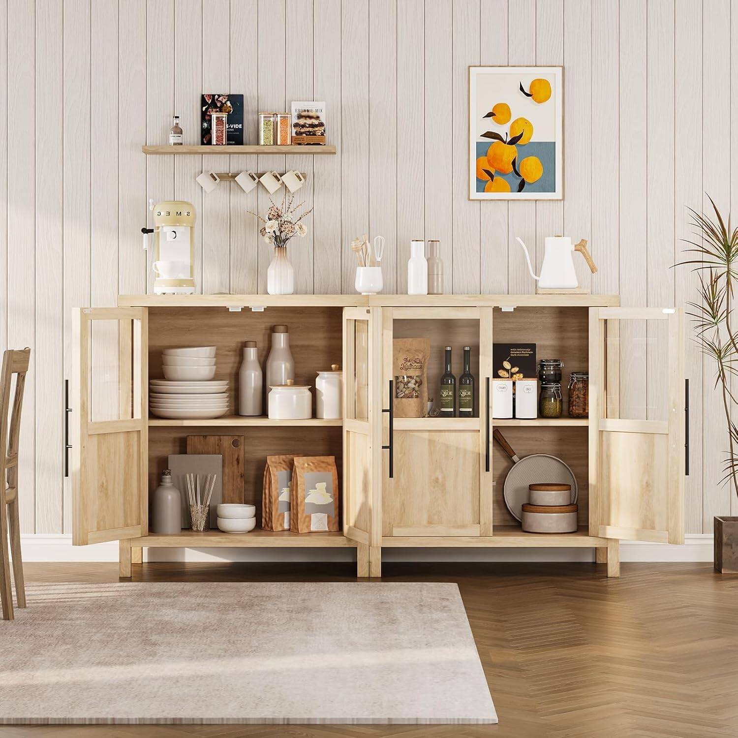 Alt View 5. Jojoka - Sideboard Buffet Cabinet with Two Glass Doors Compact Modern Farmhouse Storage Natural - Off-white.