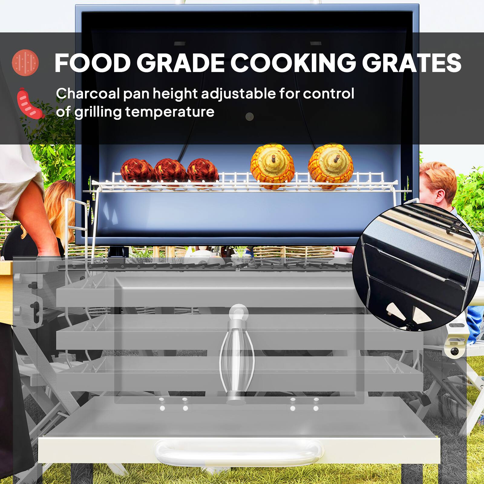 FOOD GRADE COOKING GRATES

Charcoal pan height adjustable for control of grilling temperature