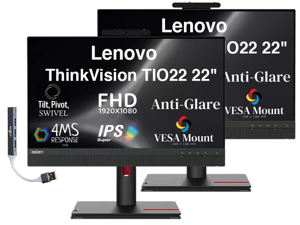 Lenovo - ThinkVision TIO22 22" FHD IPS Monitor, 4ms Response Time, VESA Mount, HDMI & DKZ Hub, (12N8GAR1UZ) 2 Pack - Black