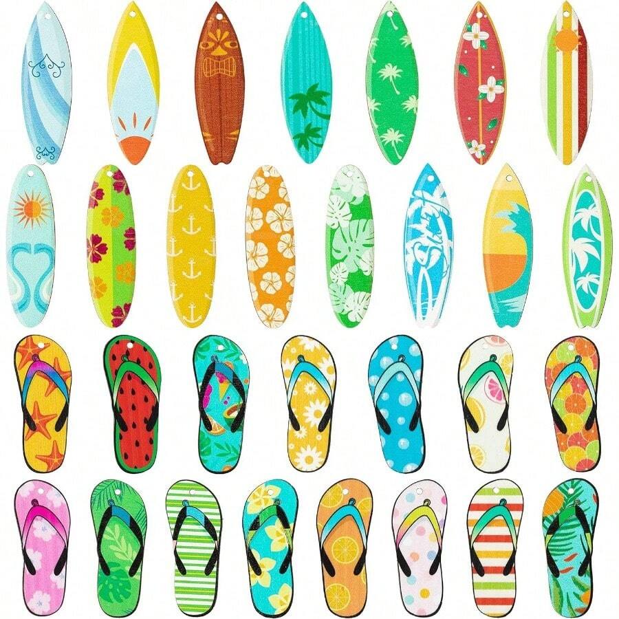 Live At Space - Summer Decorative Hanging Ornaments 31Pcs Surfboard Surfing Flip Flop Slippers Beach Wood Hanging Decorations Hawaii - Slippers Surfboard