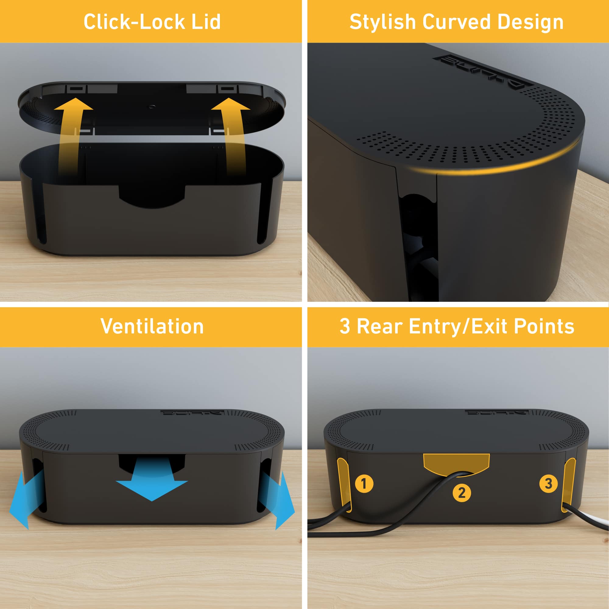 Click-Lock Lid Stylish Curved Design Ventilation 3 Rear Entry/Exit Points