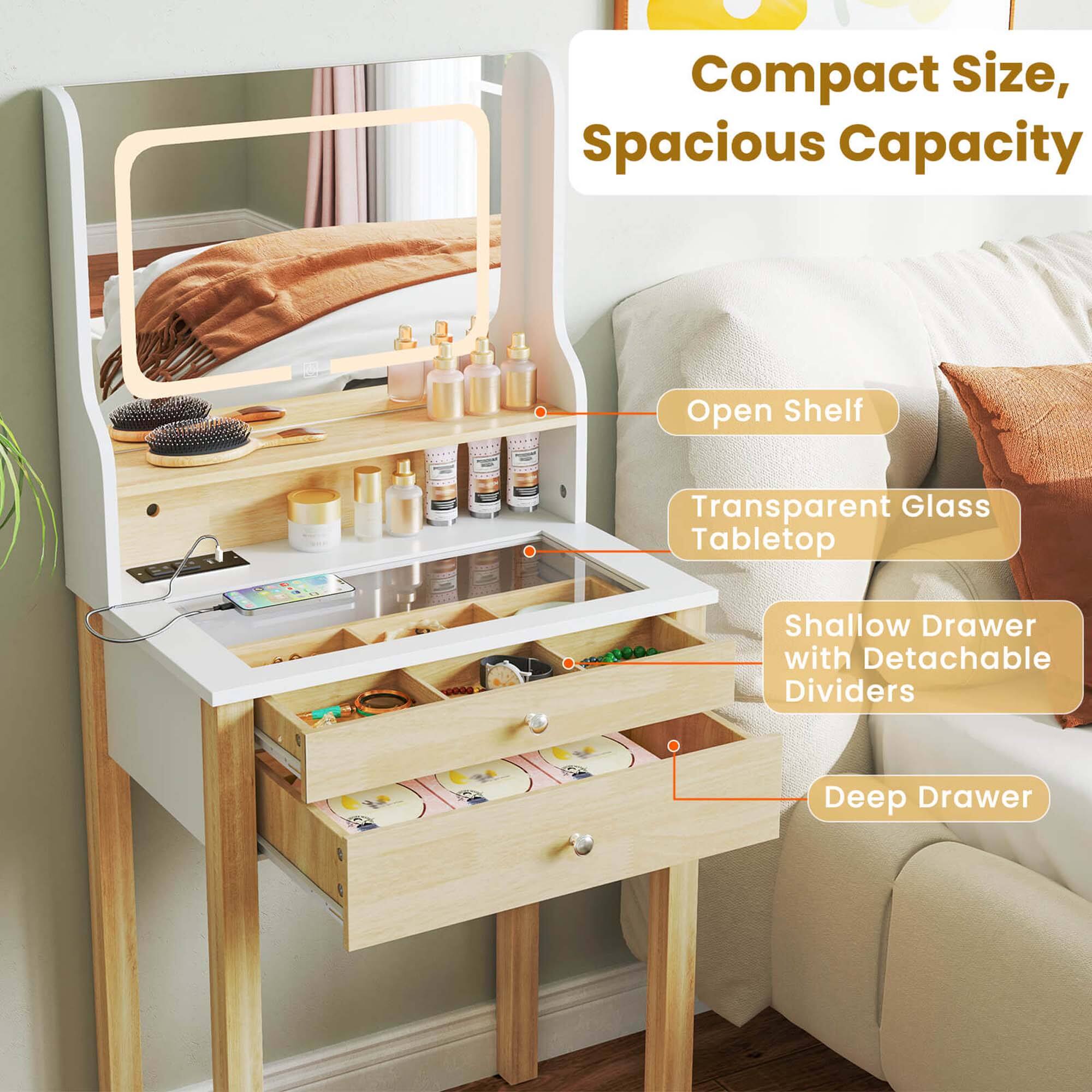 Compact Size, Spacious Capacity

- Open Shelf
- Transparent Glass Tabletop
- Shallow Drawer with Detachable Dividers
- Deep Drawer