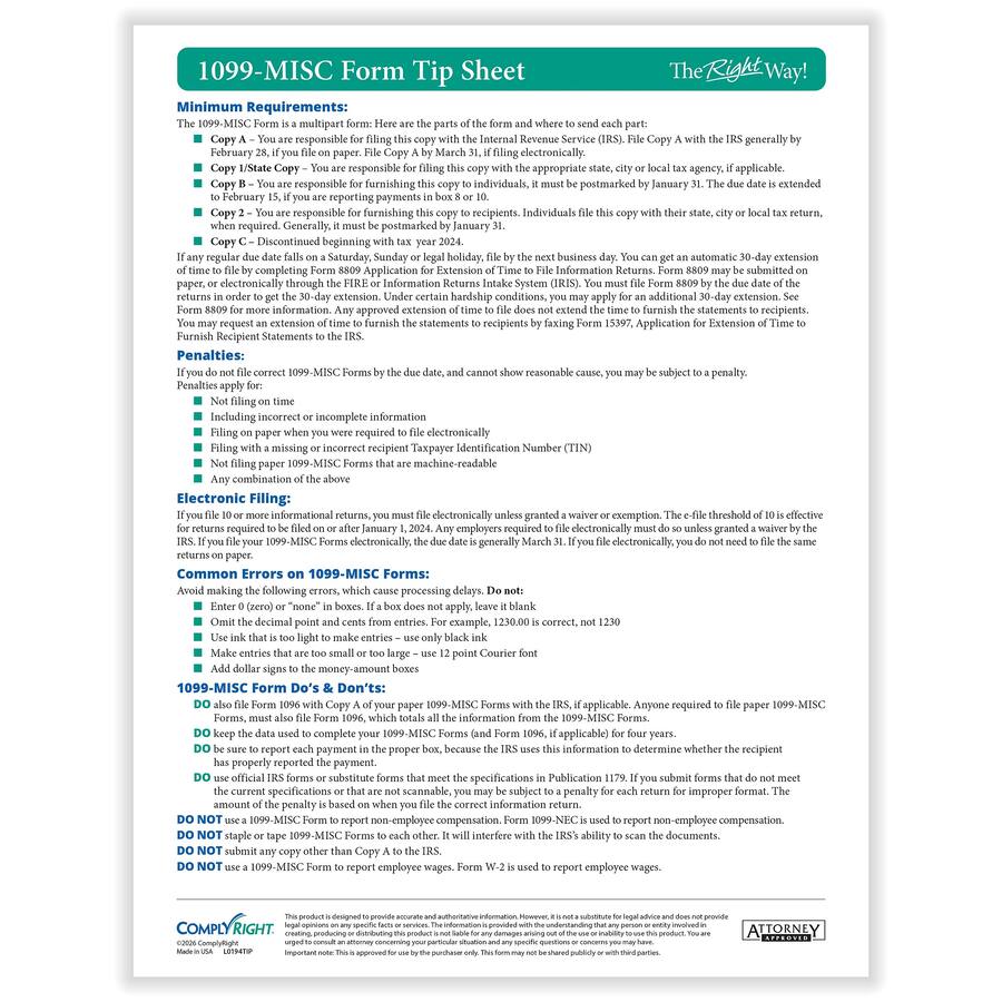 ComplyRight TaxRight 2026 1099 MISC Tax Forms Set with Envelopes, 4 ...