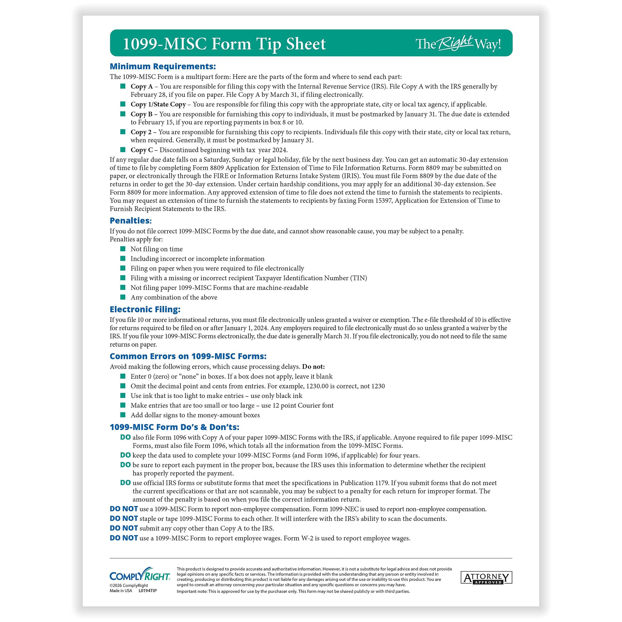ComplyRight TaxRight 2026 1099 MISC Tax Forms Set with Envelopes, 4 ...