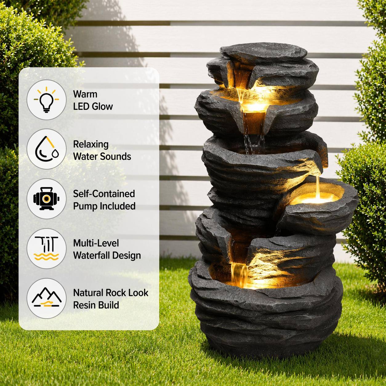 Warm LED Glow  
Relaxing Water Sounds  
Self-Contained Pump Included  
Multi-Level Waterfall Design  
Natural Rock Look Resin Build