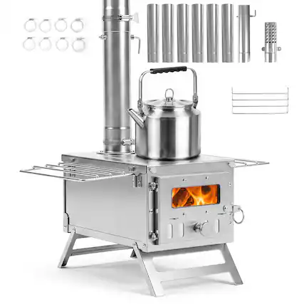 Front. Costway - Costway Hot Tent Stove, Portable Wood Burning Stove with 7 Chimney Pipes & Spark Arrestor - Silver.