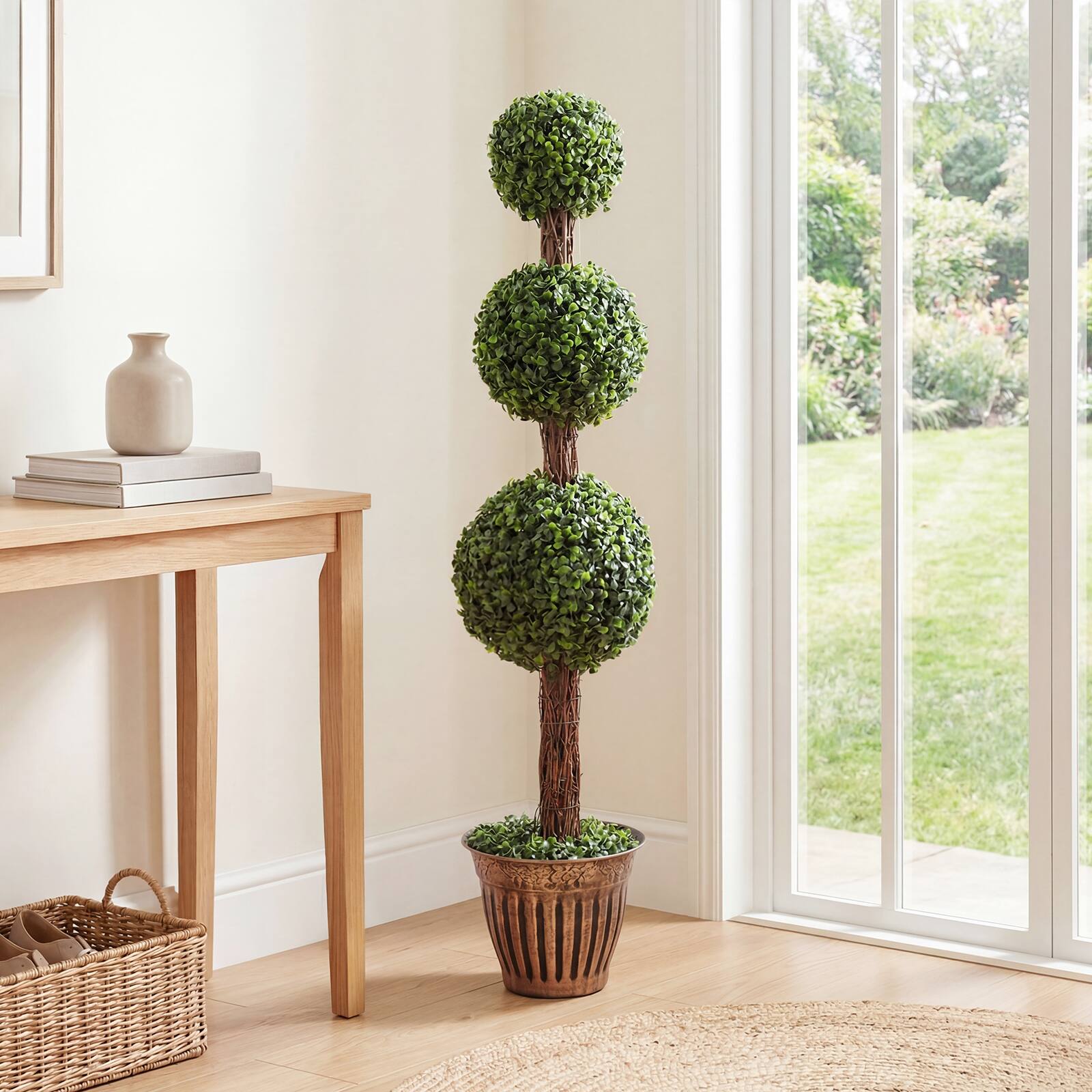 Alt View 1. Costway - Costway 2PCS Artificial Triple Ball Boxwood Tree, Fake Topiary Tree with Retro Planter - Green.