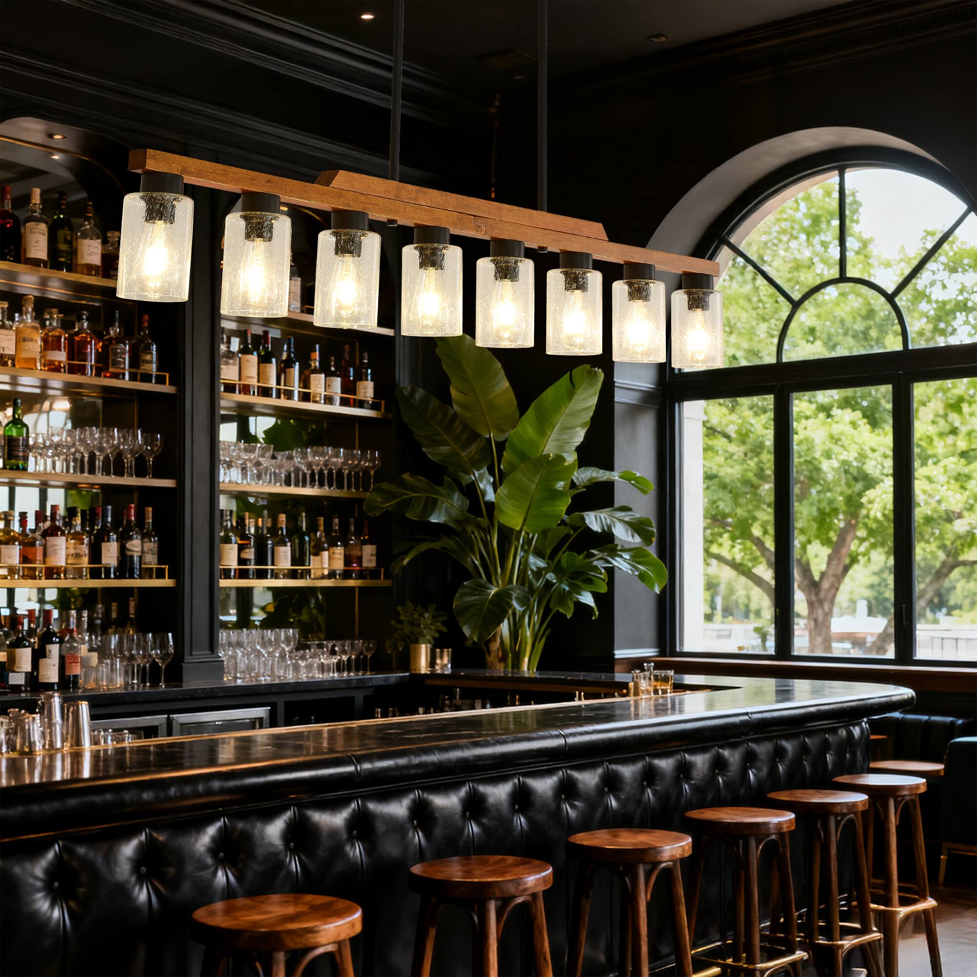 Left. RYHNUYNE - 8-Light Rustic Chandelier, 59 Inch Wood Linear Pendant Light with Seed Glass Shades Adjustable Farmhouse Island Lighting.