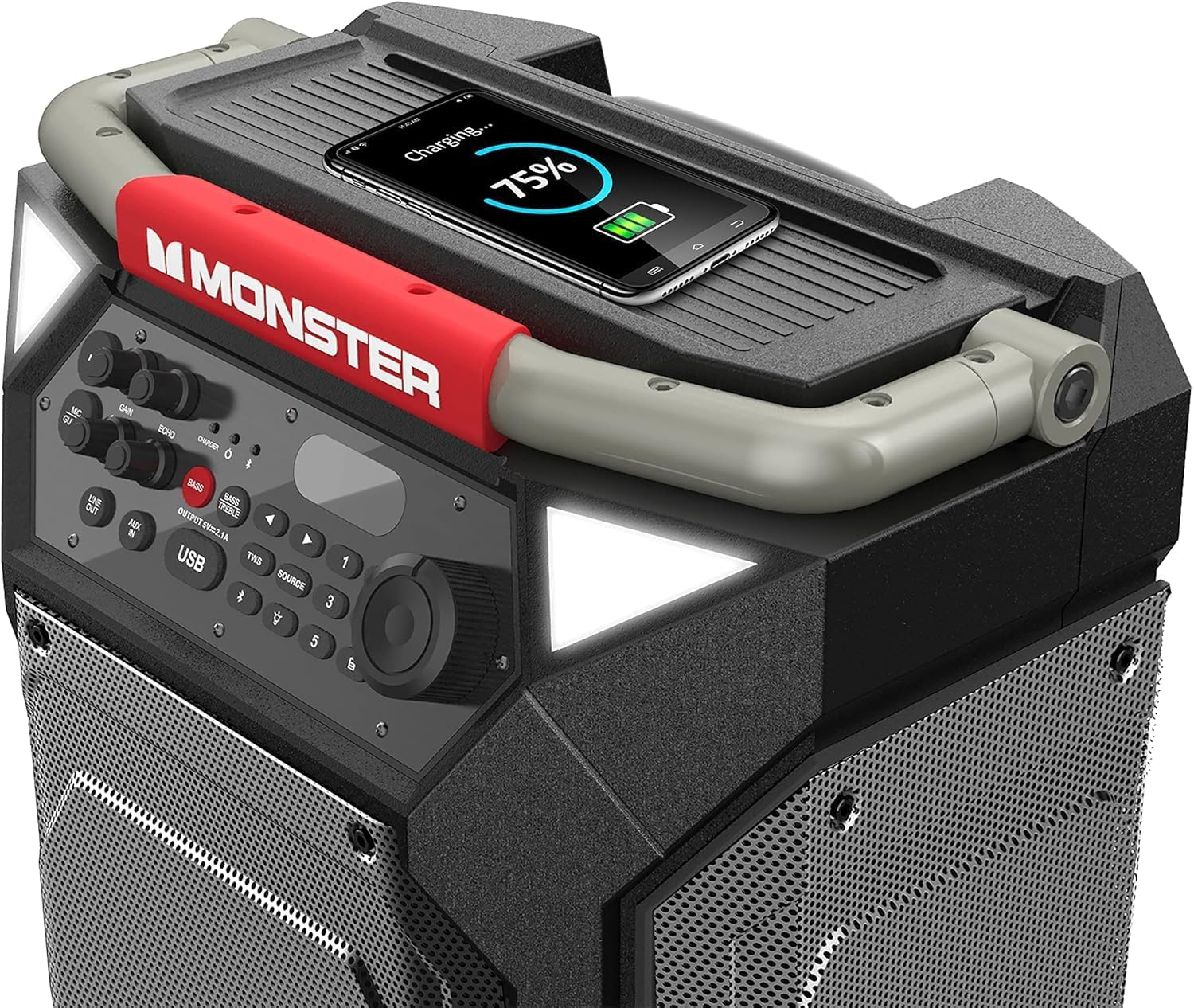 NE Charging... 75% SAN MONSTER aU SDHO RORHO 0 : BASS UNE BA0 ouT OUTPUT TOLA FIX Sm2JA USB TWS 1 SOURCE & 3 5 l - A