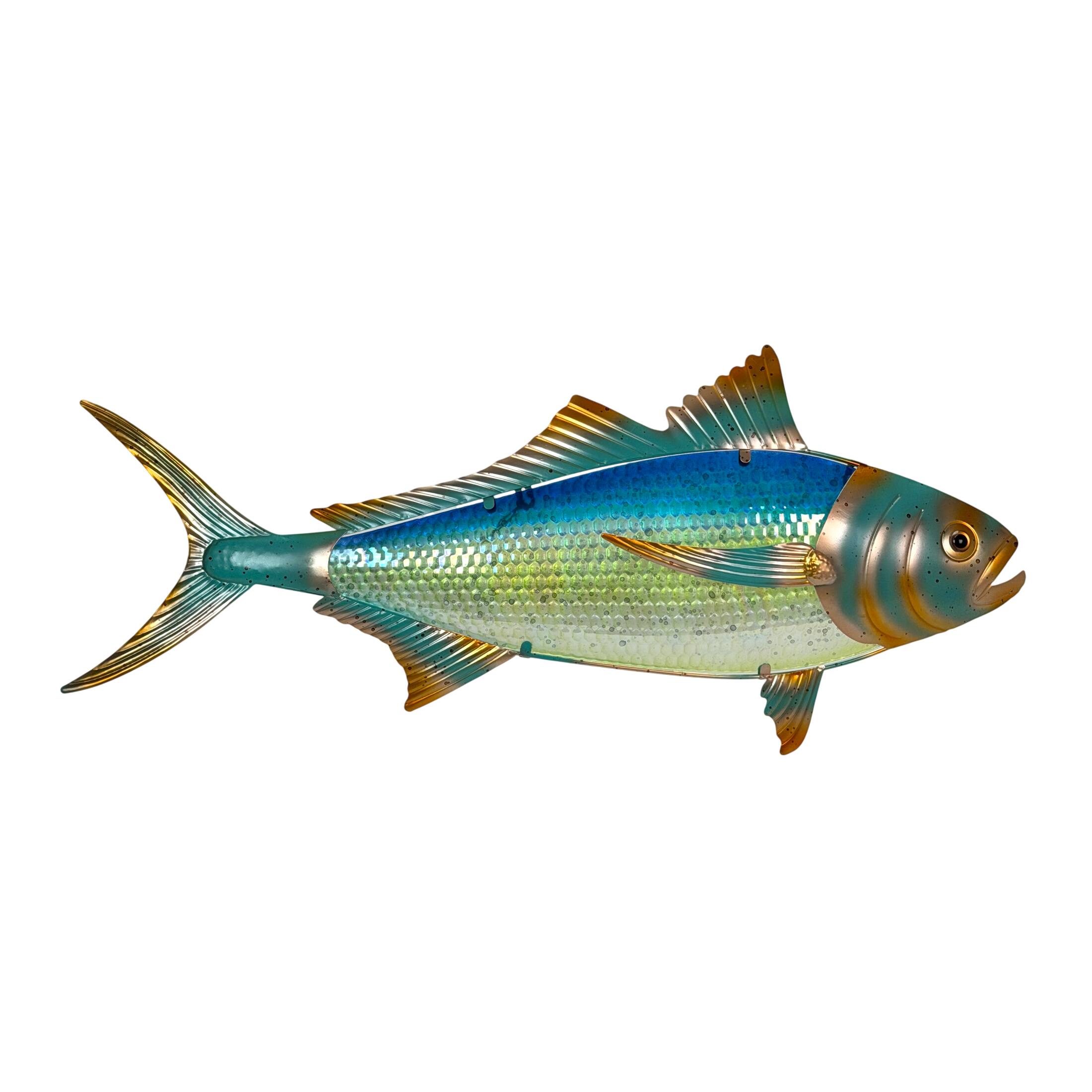 Front. Chesapeake Bay - Tuna Fish Wall Sculpture 36 Inch Metal and Glass Iridescent Coastal Decor - Multicolored.