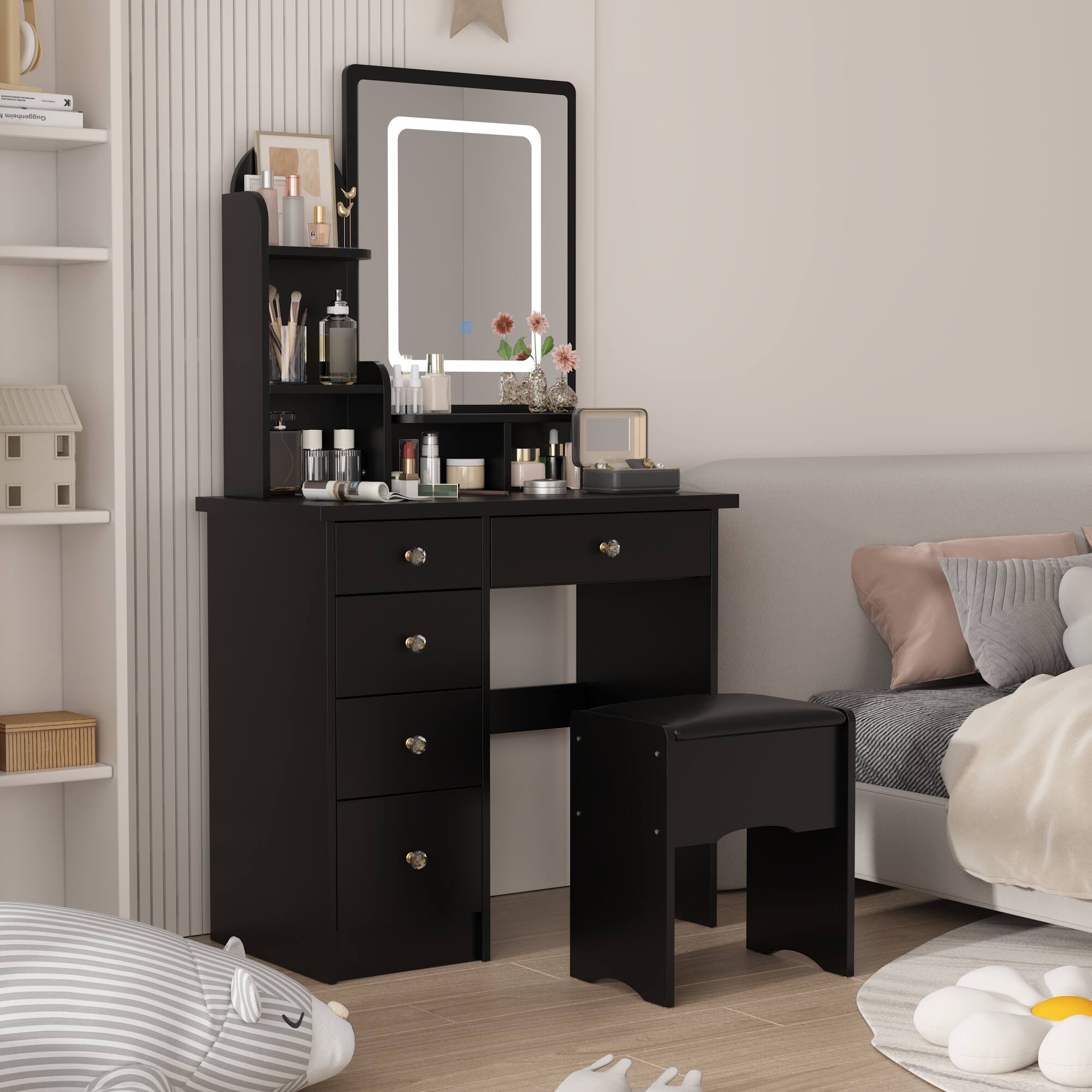 Alt View 8. Famapy - Vanity Table with LED Mirror, Storage Drawers & Stool – Makeup Dresser Organizer for Bedroom - Black.