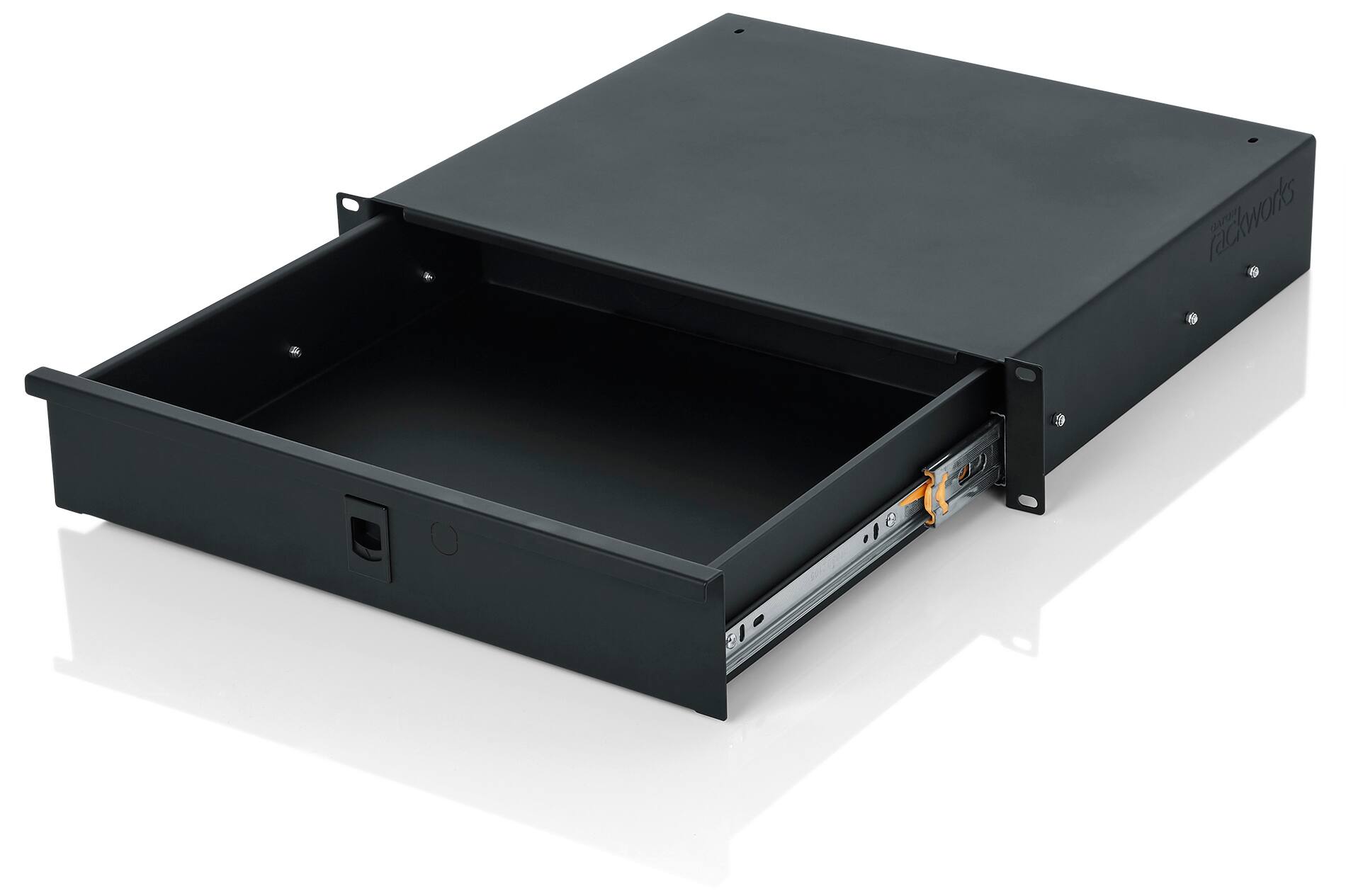 Back. Gator - 2U Lockable Rack Drawer with 14.2-Inch Depth, 16-Gauge Steel Construction and Rear Cable Access.