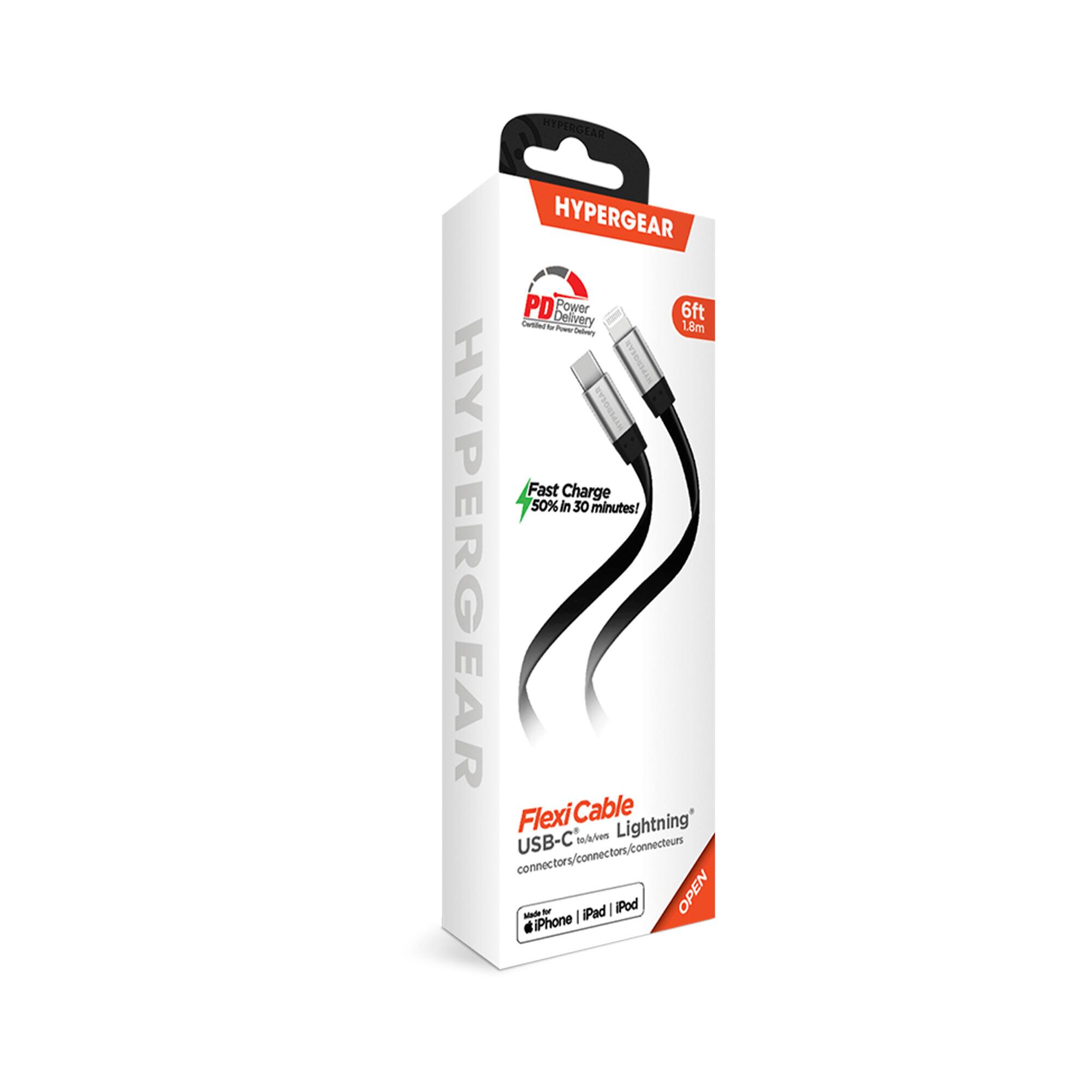 HYPERGEAR PD Power 6ft CarM a Delivery - 18m Fast Charge 50% in 30 minutes! HYPERGEAR Flexi Cable Lightning' USB-C tities connectors/connectors/connectiurs -c fo iPad I iPod OPEN iPhone