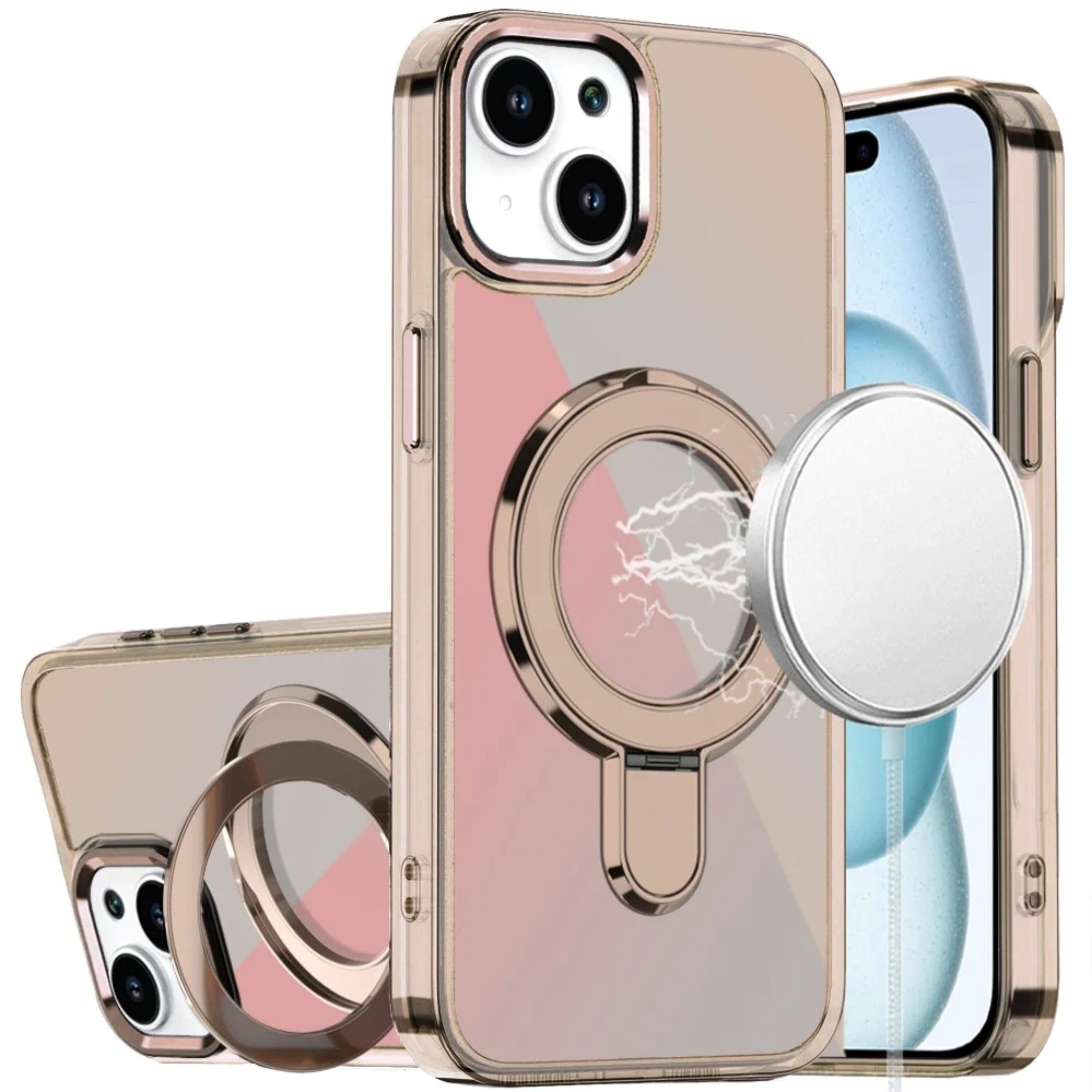 Front. Kitcheniva - Radiant Chrome Magnetic Circle Stand Phone Case With 2 Pcs Tempered Glass For iPhone 15 Plus Desert Titanium - Desert TitaniumTitanium.