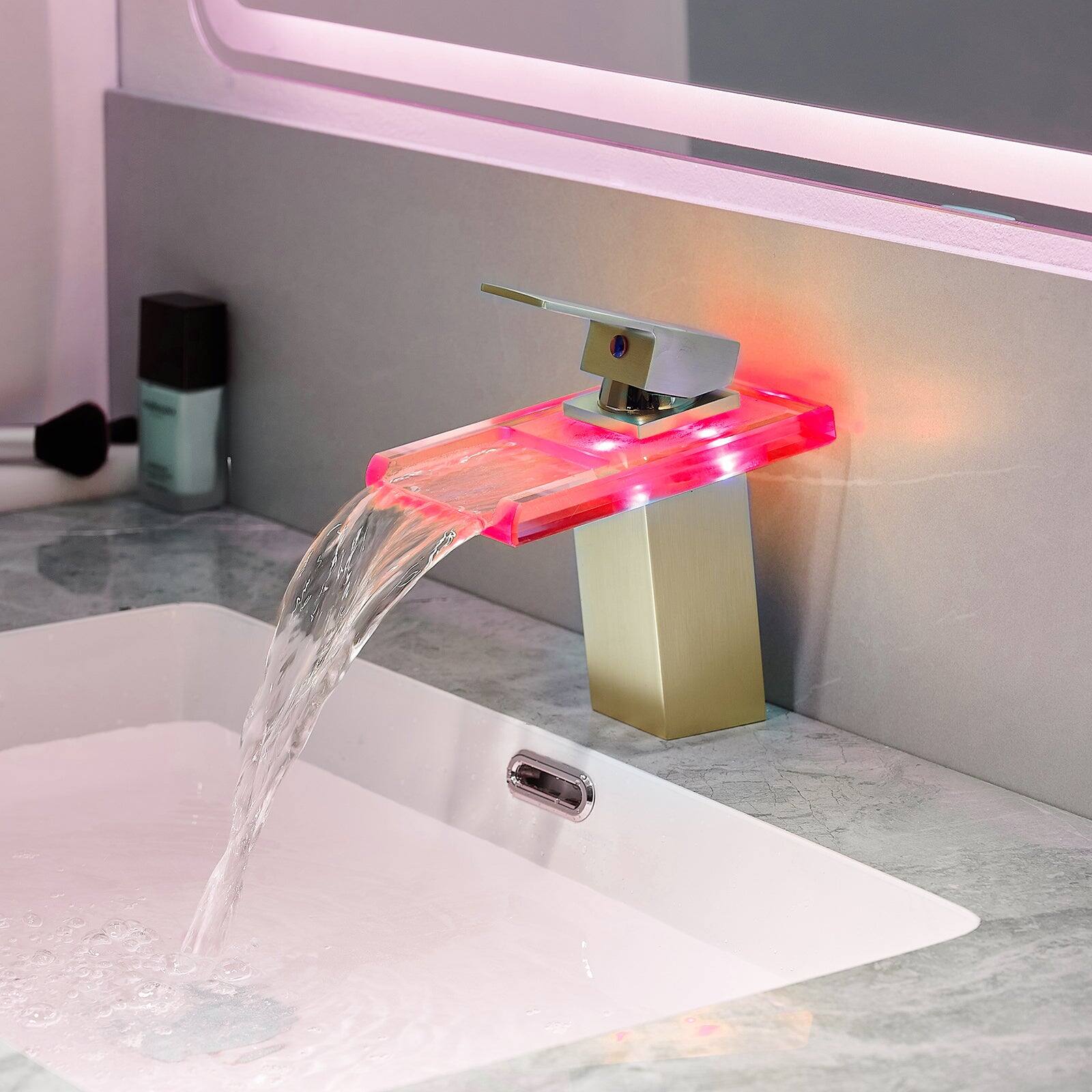 Alt View 5. Boyel Living - Brass Single Handle Single Hole Bathroom Faucet Brushed Gold with LED Temperature Sensor and Supply Hoses Easy Install - Brushed Gold.