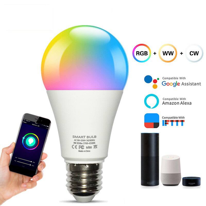 RGB + WW + CW  
Compatible With Google Assistant  
Compatible With Amazon Alexa  
Compatible With IFTTT  

SMART BULB  
AC 90-250V 50/60Hz  
9W 850lm 2700-6500K  
CE FC RoHS  
Made in China
