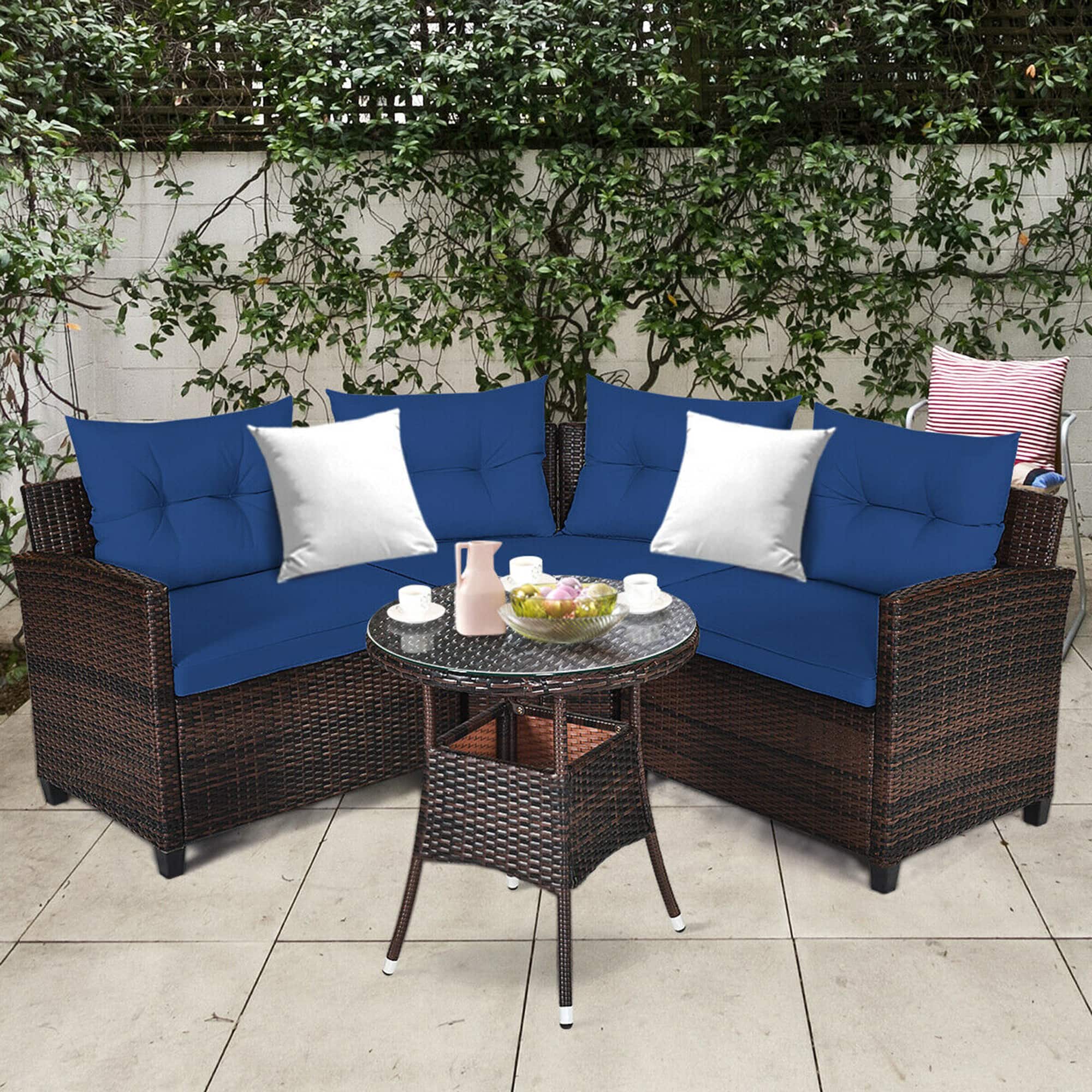 Gymax - 4PCS Patio Furniture Set Outdoor Rattan Sectional Sofa Set w/ Cushions - Navy