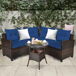 Gymax - 4PCS Patio Furniture Set Outdoor Rattan Sectional Sofa Set w/ Cushions - Navy