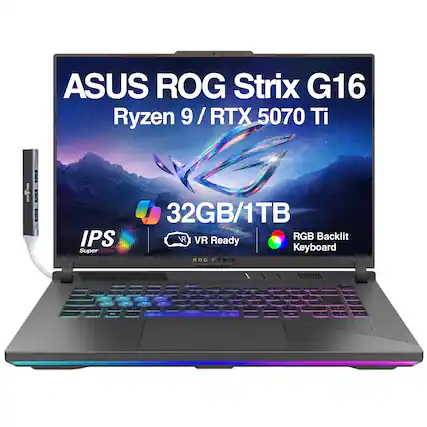 ASUS ROG Strix G16
Ryzen 9 / RTX 5070 Ti
32GB/1TB
IPS SuperClear
VR Ready
RGB Backlit Keyboard
