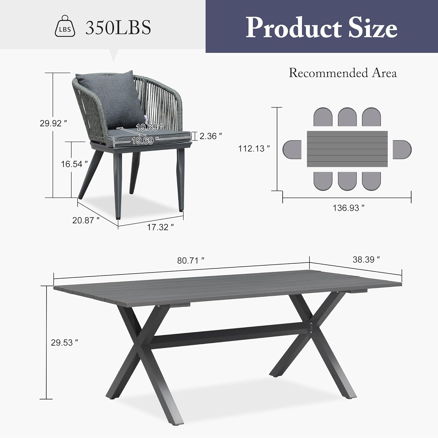 LBS 350LBS  
Product Size  
Recommended Area  

29.92"  
19.69"  
16.54"  
2.36"  
20.87"  
17.32"  
80.71"  
29.53"  

112.13"  
136.93"  
38.39"