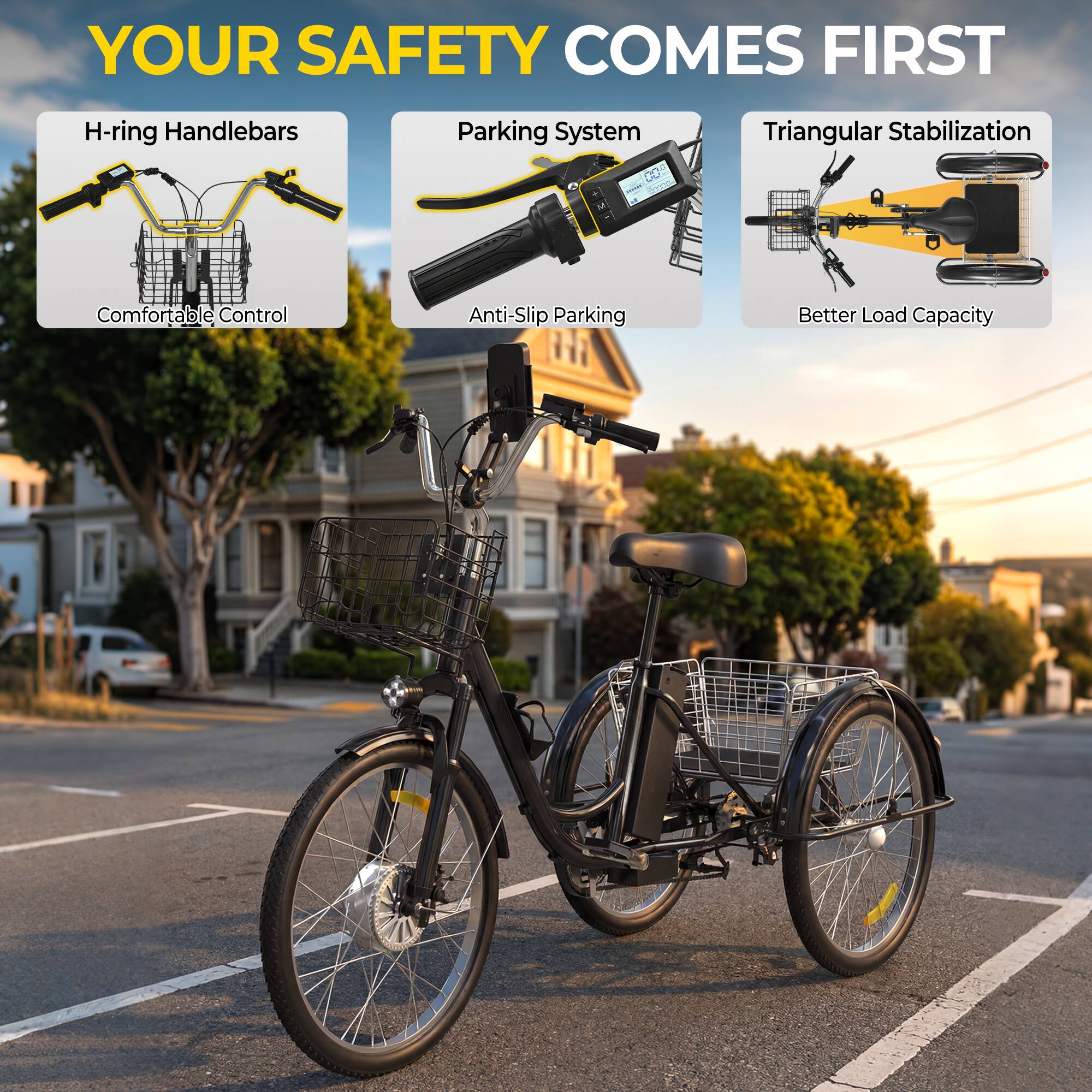 YOUR SAFETY COMES FIRST

- H-ring Handlebars
  - Comfortable Control

- Parking System
  - Anti-Slip Parking

- Triangular Stabilization
  - Better Load Capacity
