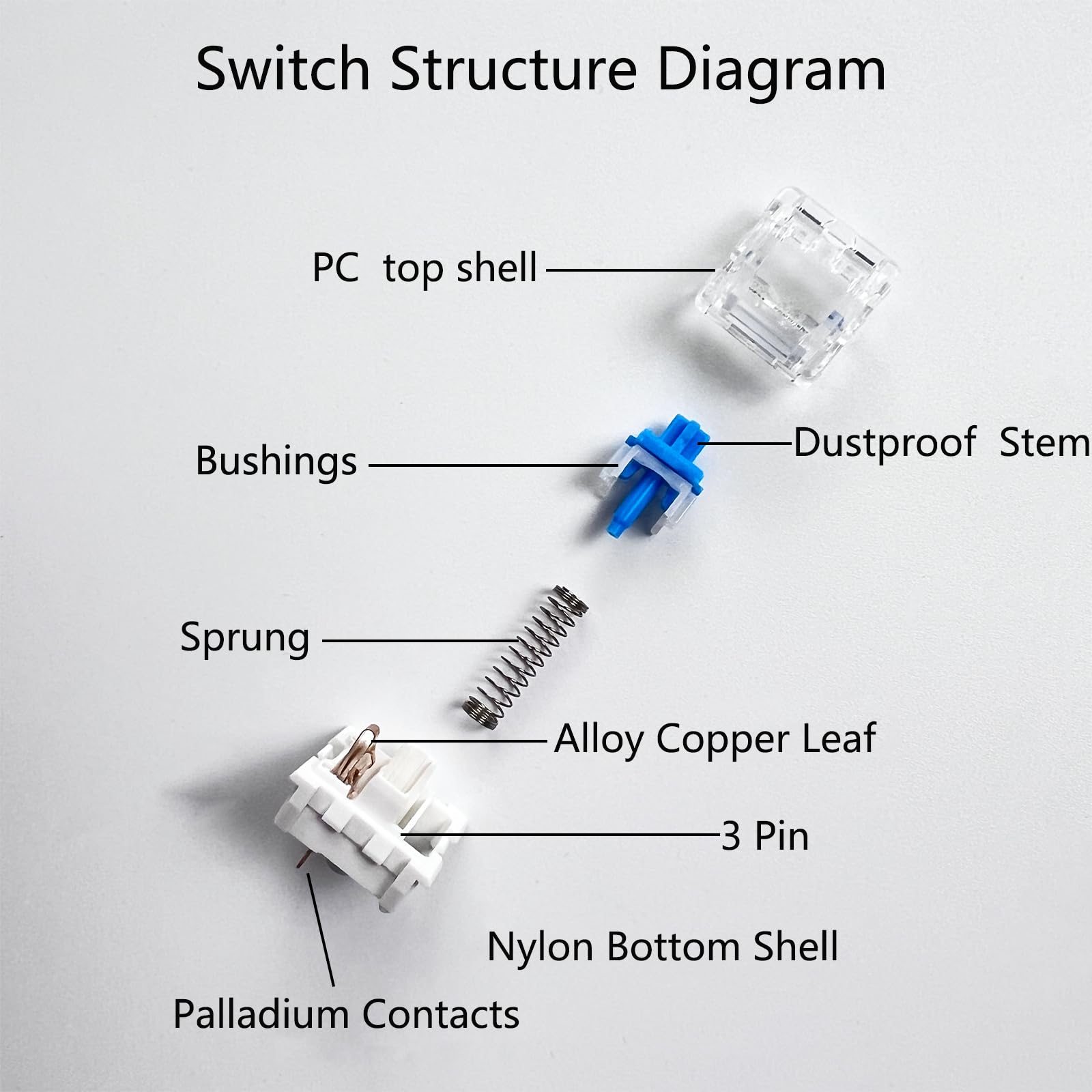 Switch Structure Diagram

- PC top shell
- Bushings
- Dustproof Stem
- Sprung
- Alloy Copper Leaf
- 3 Pin
- Nylon Bottom Shell
- Palladium Contacts