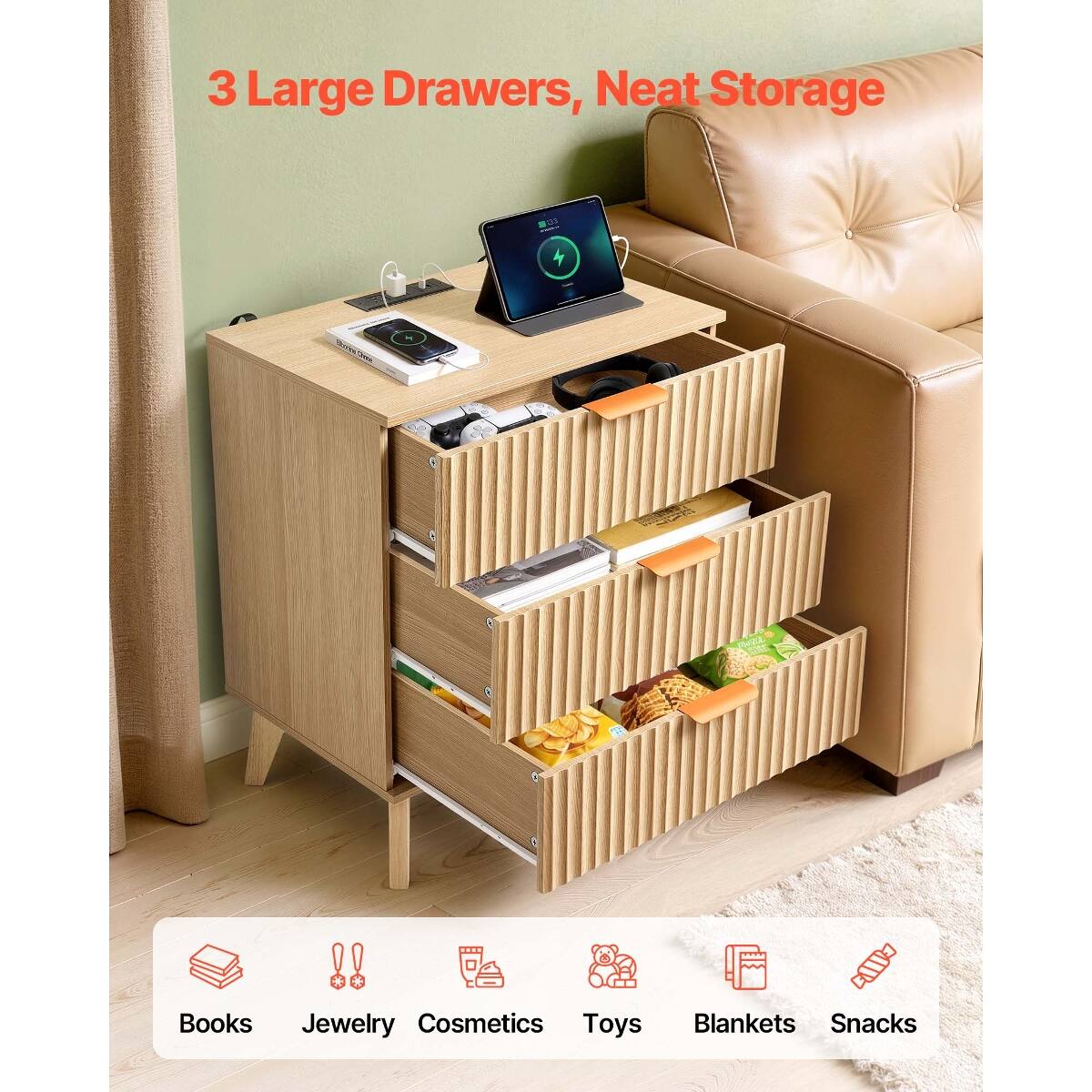 3 Large Drawers, Neat Storage

Books Jewelry Cosmetics Toys Blankets Snacks