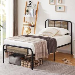 Hivvago - Twin Size Wood Metal Platform Bed Frame with Rounded Headboard Footboard - Gray