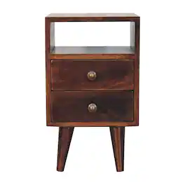 Artisan Furniture - Solid Wood Mini Classic California Walnut Bedside, 2 Drawers, 1 Open Slot, Nordic Legs, Dark Brown - Walnut Finish
