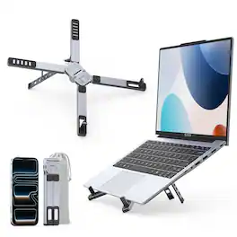 HongFei - Portable Laptop Stand for Travel & Desk, Ultra-Compact Foldable Aluminum 3-in-1 Riser, 5 Adjustable Heights - Gray