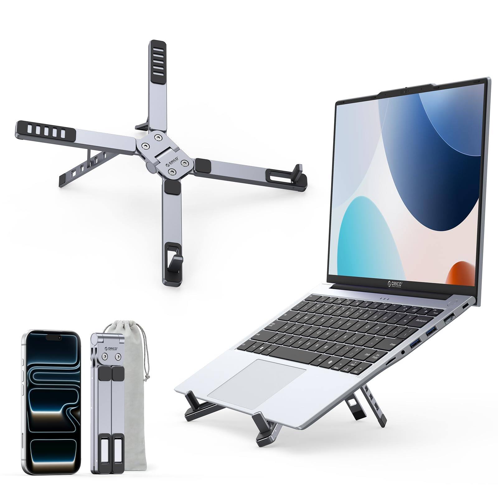 Front. HongFei - Portable Laptop Stand for Travel & Desk, Ultra-Compact Foldable Aluminum 3-in-1 Riser, 5 Adjustable Heights, Gray - Gray.