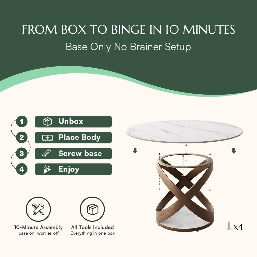 FROM BOX TO BINGE IN 10 MINUTES  
Base Only No Brainer Setup  

1. Unbox  
2. Place Body  
3. Screw base  
4. Enjoy  

10-Minute Assembly  
base on, worries off  

All Tools Included  
Everything in one box  

x4