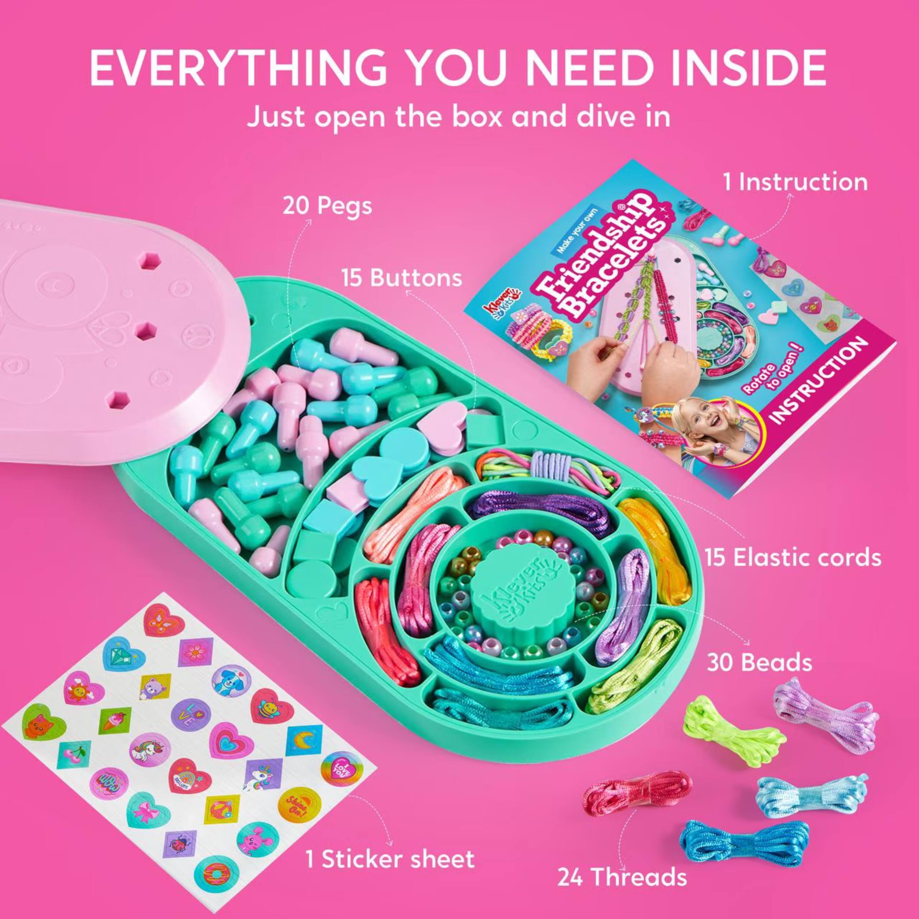 EVERYTHING YOU NEED INSIDE  
Just open the box and dive in  

1 Instruction  
20 Pegs  
15 Buttons  
15 Elastic cords  
30 Beads  
1 Sticker sheet  
24 Threads