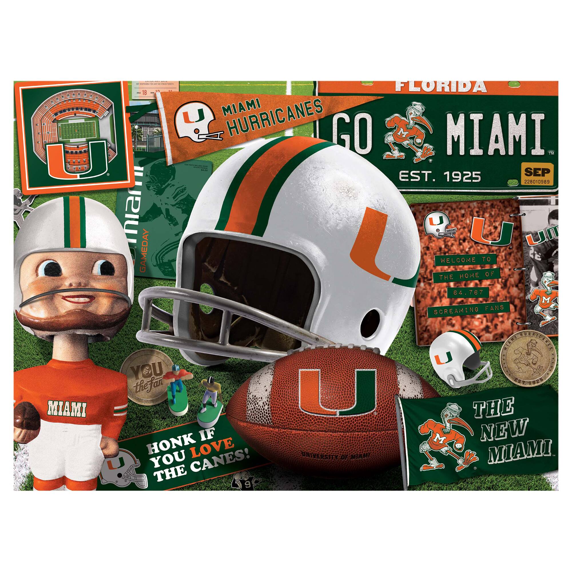 FLORIDA MIAMI CANES  
GO MIAMI  
EST. 1925  
SEP 228012989  

WELCOME TO THE HOME OF  
64,787 SCREAMING FANS  

YOU THE FAN  

HONK IF YOU LOVE THE CANES!  

THE NEW MIAMI  

UNIVERSITY OF MIAMI