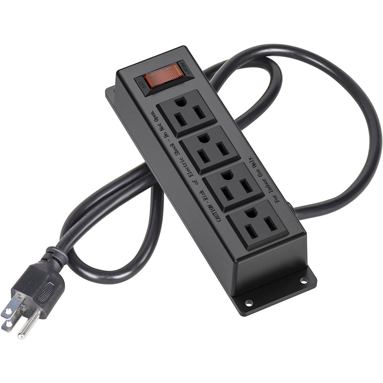 PARKER SLATER - Wall Mount Power Strip with 4 Outlets, Switch, 3FT Flat Plug Cord, Under Desk Mount – Office, Home, Industrial Use - Black