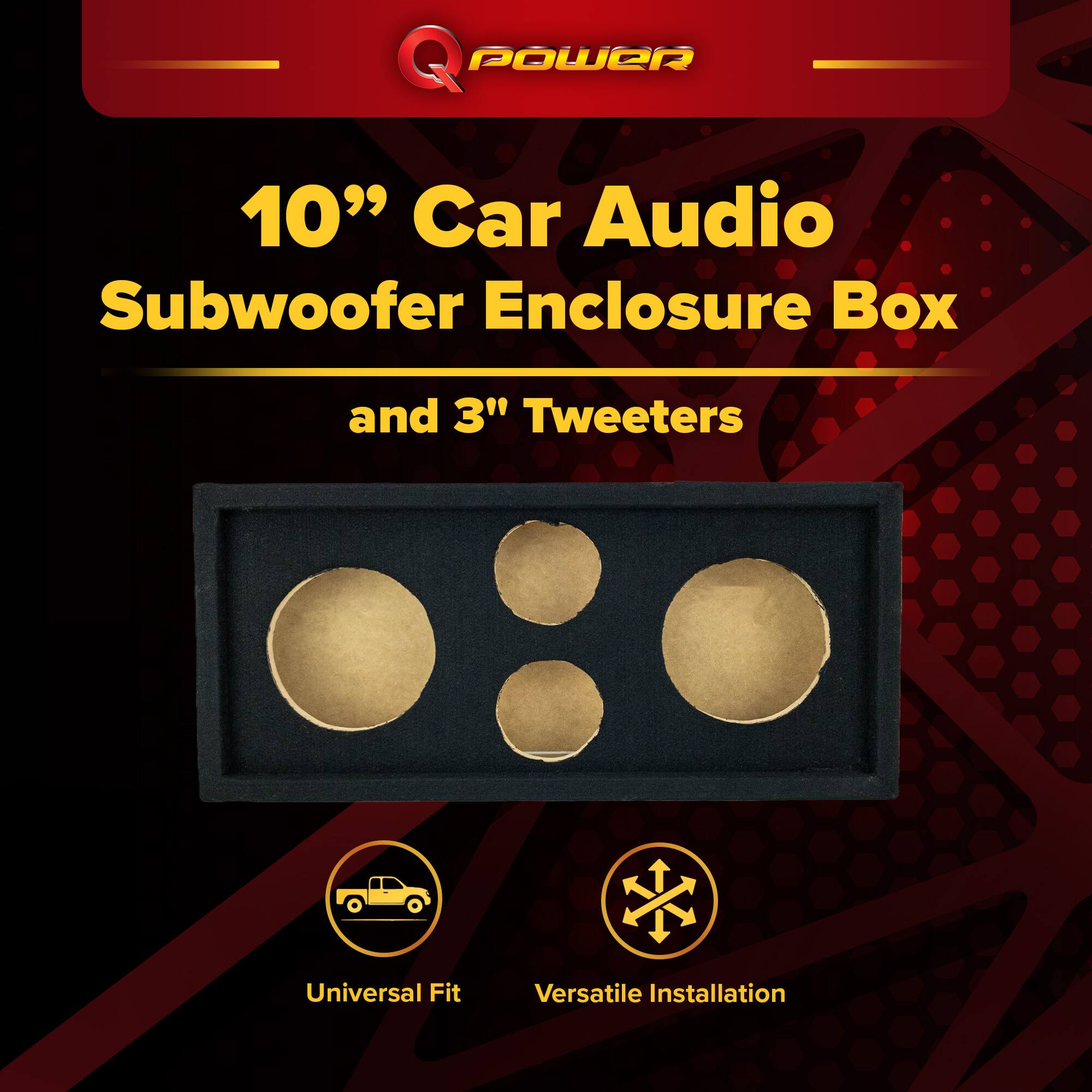 Q POWER 10" Car Audio Subwoofer Enclosure Box and 3" Tweeters Universal Fit Versatile Installation