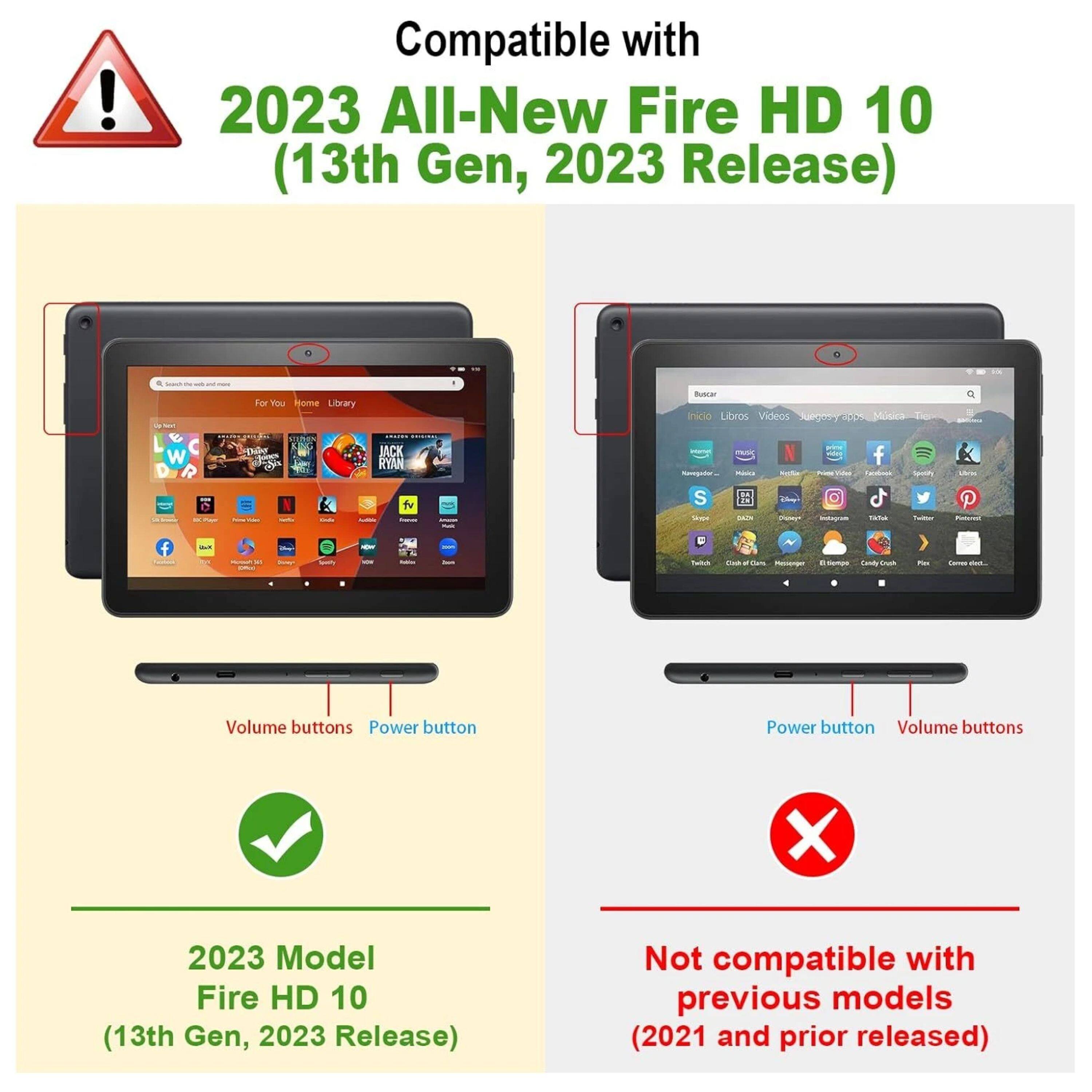 Compatible with 2023 All-New Fire HD 10 (13th Gen, 2023 Release) - C w For You one Library THO LACK RYAN tv Buscar frucio Libros Videos Neceo Sobe Modea - N f - Saotn S - c - - - a - P - - Twbuk - - -m P . -mp Can - - i -a. Volume buttons Power button Power button Volume buttons X 2023 Model Fire HD 10 (13th Gen, 2023 Release) Not compatible with previous models (2021 and prior released)