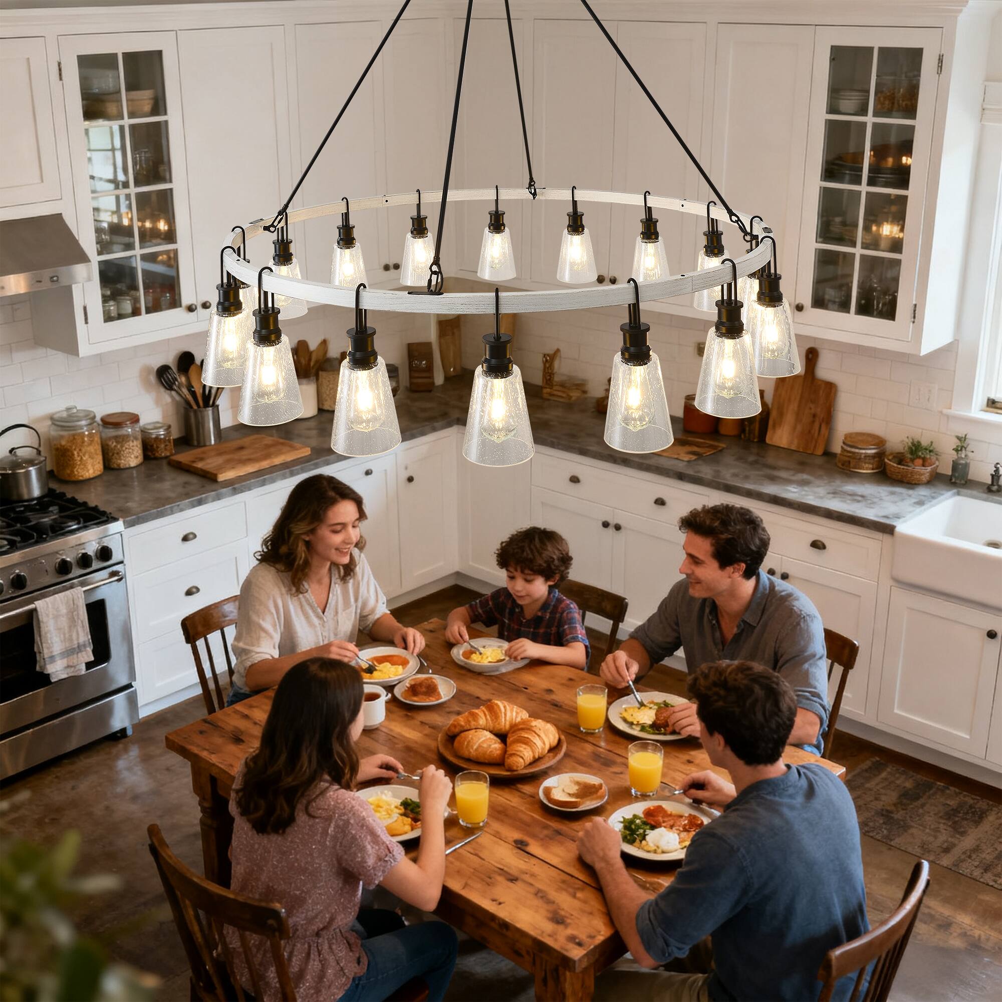 Alt View 3. RYHNUYNE - 16-Light Wooden Wagon Wheel Chandelier, Rustic Round Chandeliers for Dining Room ,Farmhouse Chandelier Light Fixture - Black.