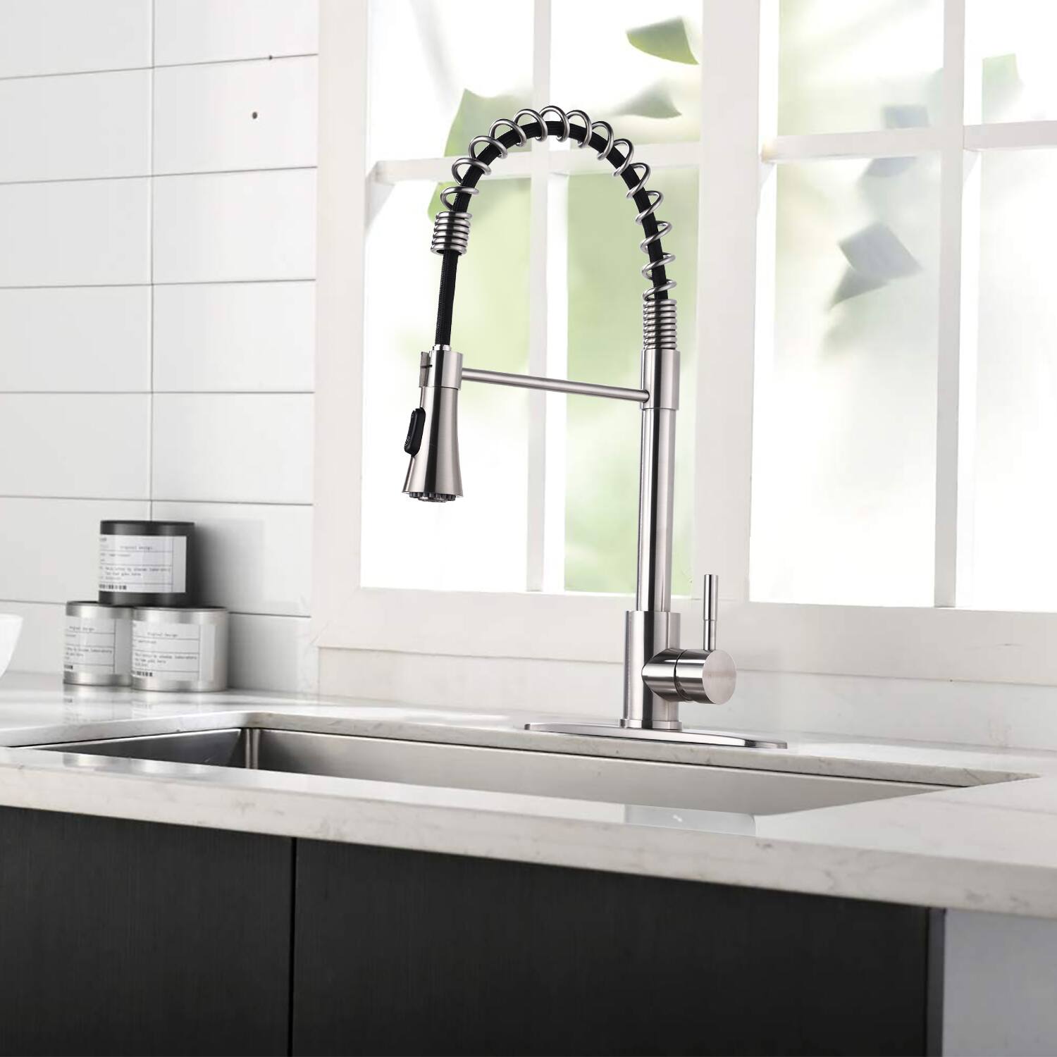 Back. Siljoy - Commercial Kitchen Sink Faucet with Deck Plate Brushed Nickel - Brushed Nickel.