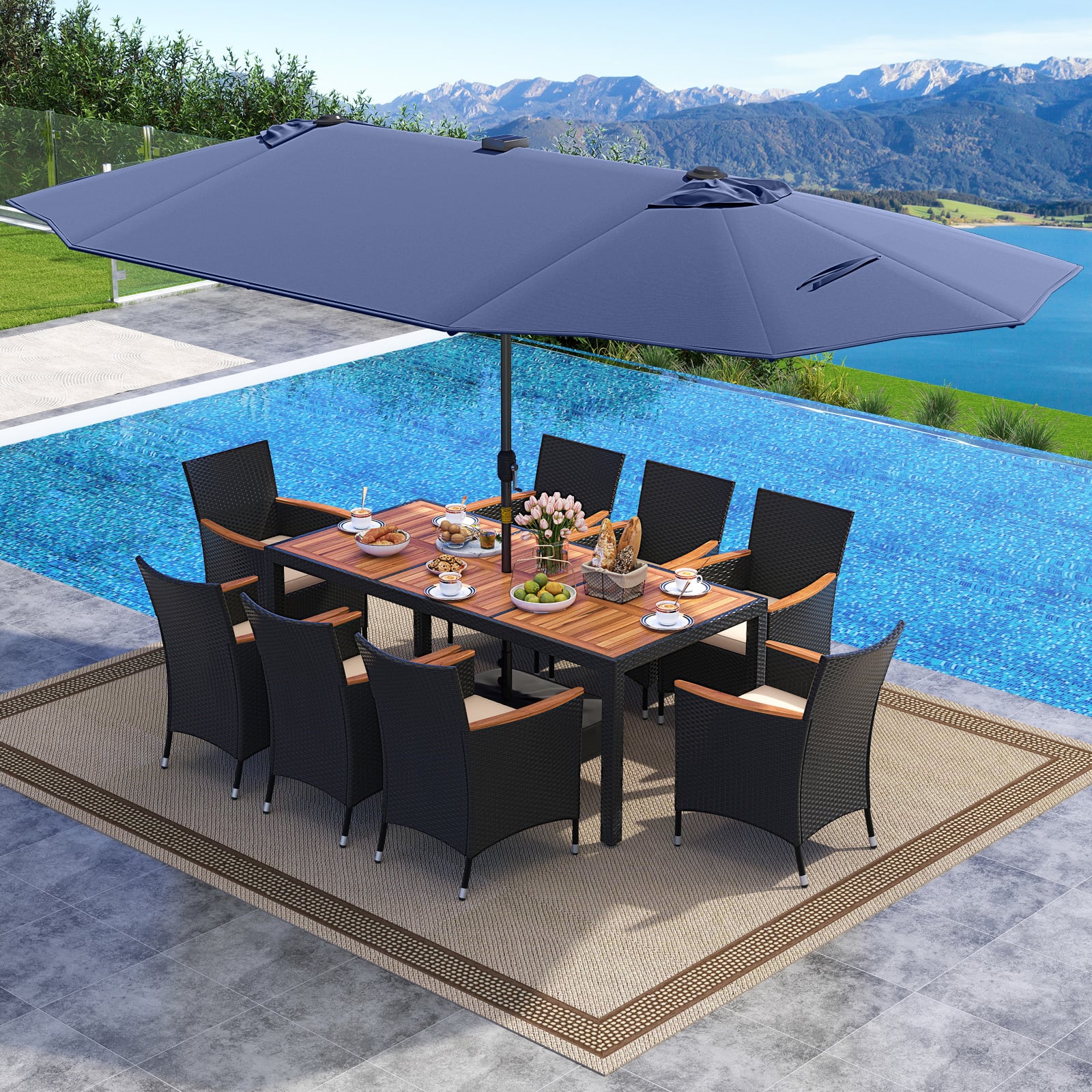 Gymax - Set Of 11 Patio Dining Set w/ 15ft Double-Sided Patio Umbrella (Base Included) - Navy price history on PriceWatchPro