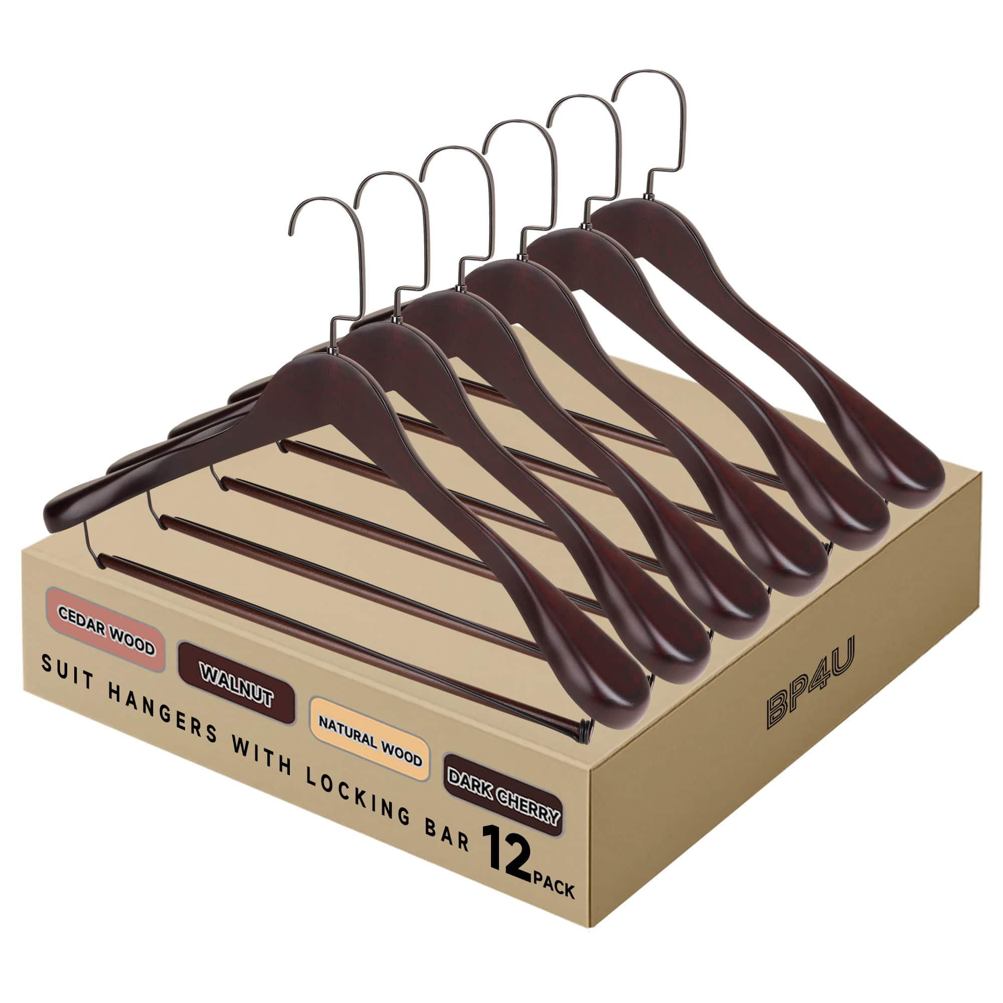 BP4U - 12-Pack Premium Wide Shoulder Wooden Suit Hangers, Solid Wood Clothers Hangers with Locking Bar for Coats - Dark Cherry price history on PriceWatchPro