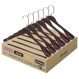 BP4U - 12-Pack Premium Wide Shoulder Wooden Suit Hangers, Solid Wood Clothers Hangers with Locking Bar for Coats - Dark Cherry