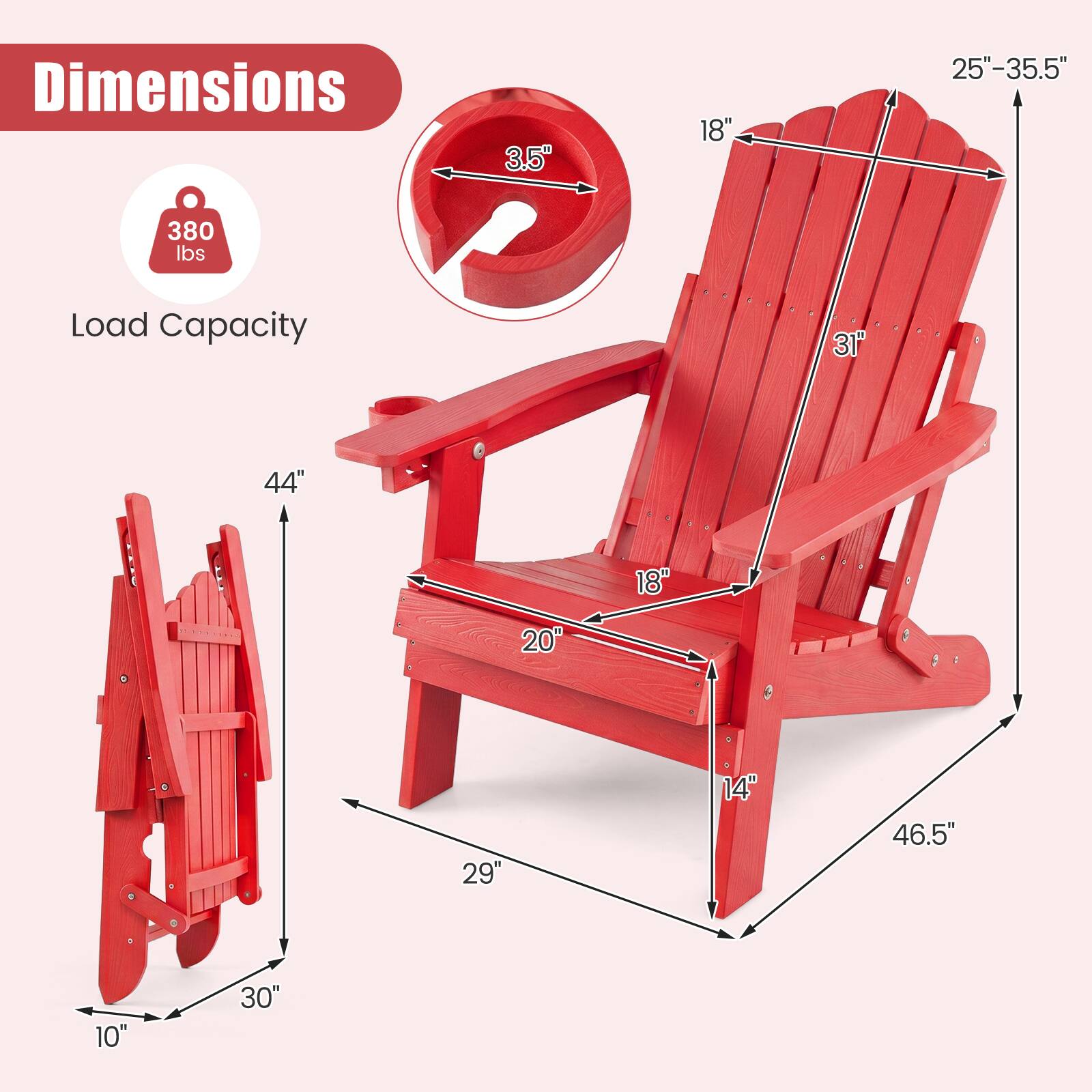 Dimensions: 3.5" x 18" x 25"-35.5"  
Load Capacity: 380 lbs  
Dimensions: 31" x 44" x 18" x 20" x 29" x 14" x 46.5" x 10" x 30"