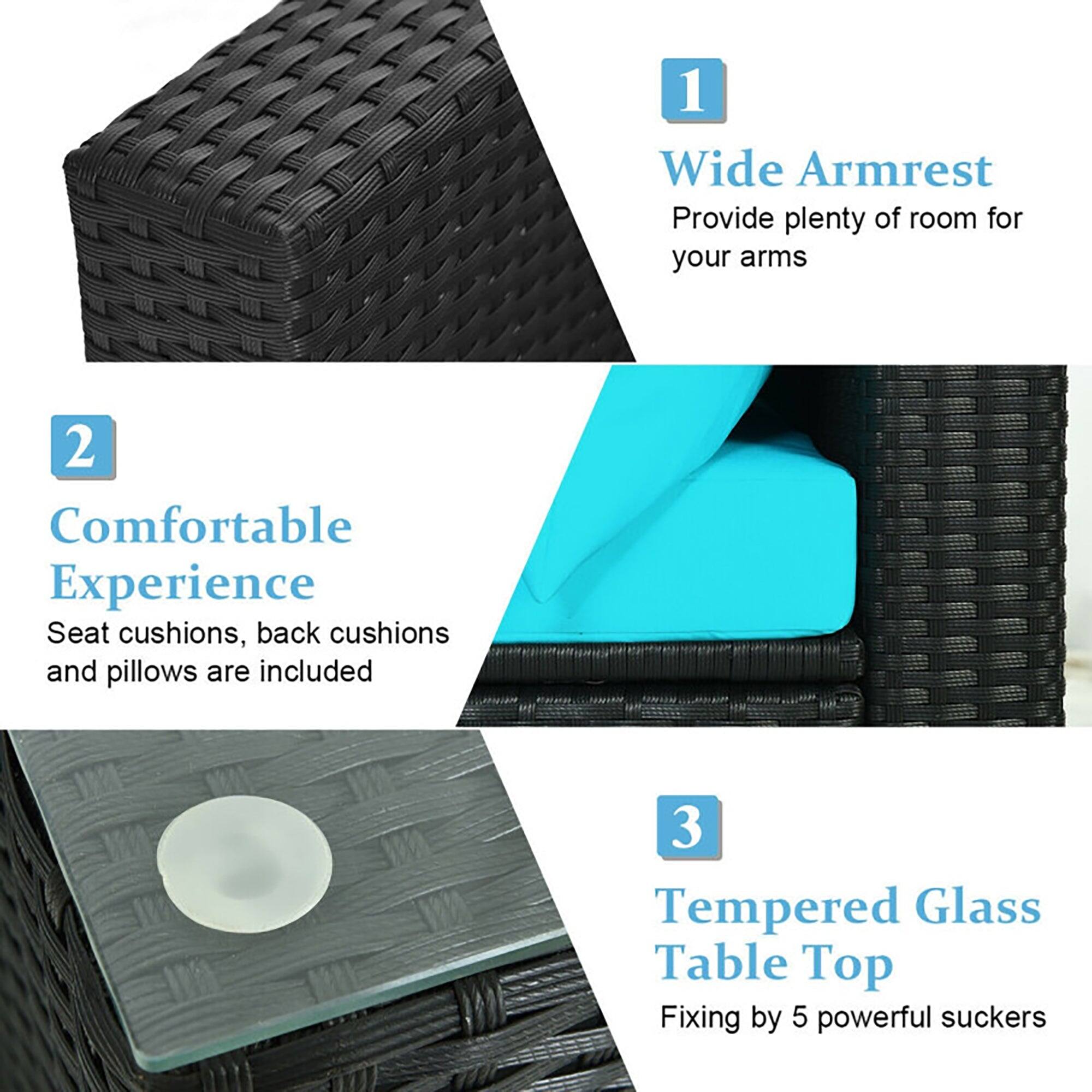 1. Wide Armrest  
Provide plenty of room for your arms

2. Comfortable Experience  
Seat cushions, back cushions and pillows are included

3. Tempered Glass Table Top  
Fixing by 5 powerful suckers