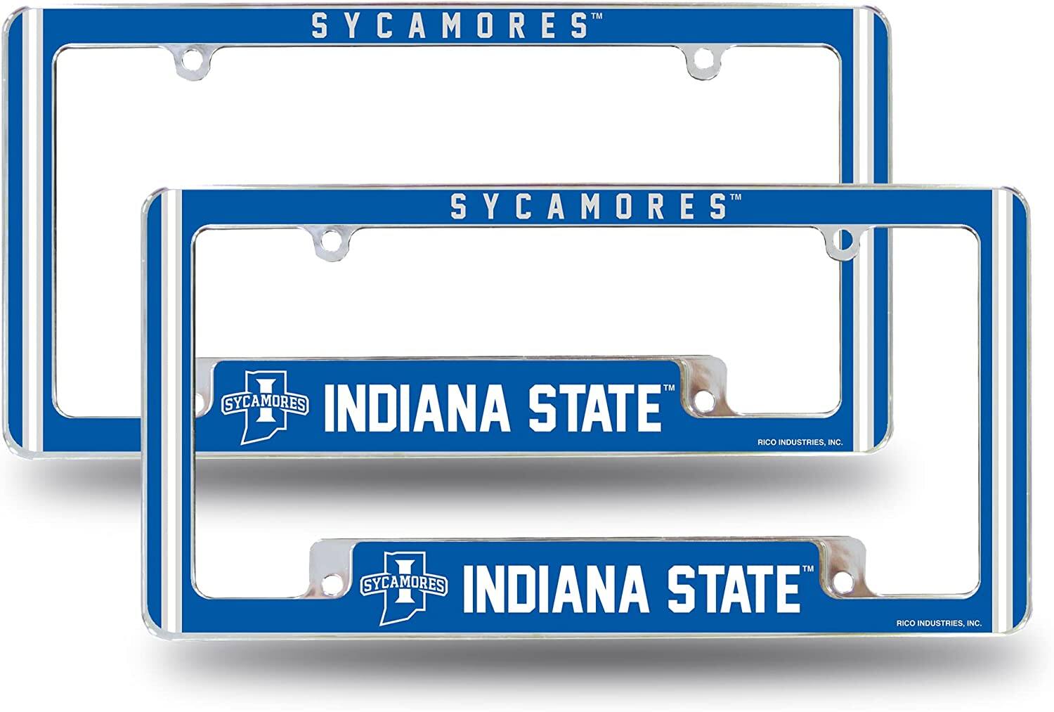 Indiana State NCAA Sycamores (Set of 2) Chrome Metal License Plate Frames with Bold Full Frame Design