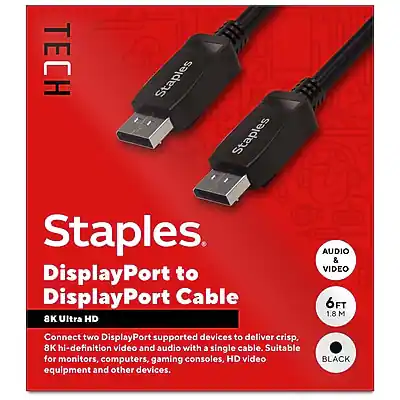 **TECH Staples**
**Staples DisplayPort to DisplayPort Cable**
**8K Ultra HD**
Connect two DisplayPort supported devices to deliver crisp, 8K hi-definition video and audio with a single cable. Suitable for monitors, computers, gaming consoles, HD video equipment and other devices.
- **8K Hi-definition video and audio**
- **6FT / 1.8M**
- **AUDIO & VIDEO**
- **BLACK**