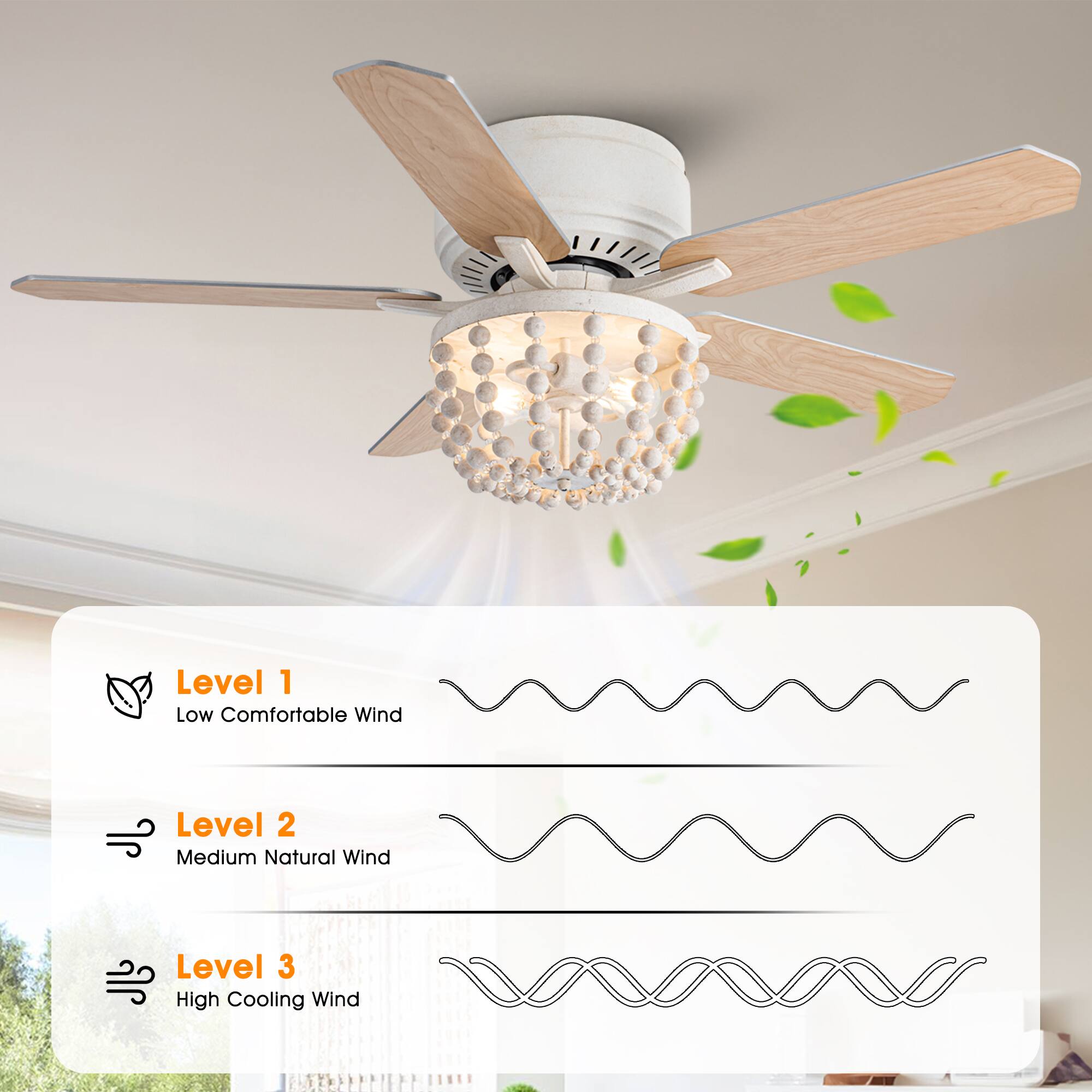 Level 1: Low Comfortable Wind  
Level 2: Medium Natural Wind  
Level 3: High Cooling Wind