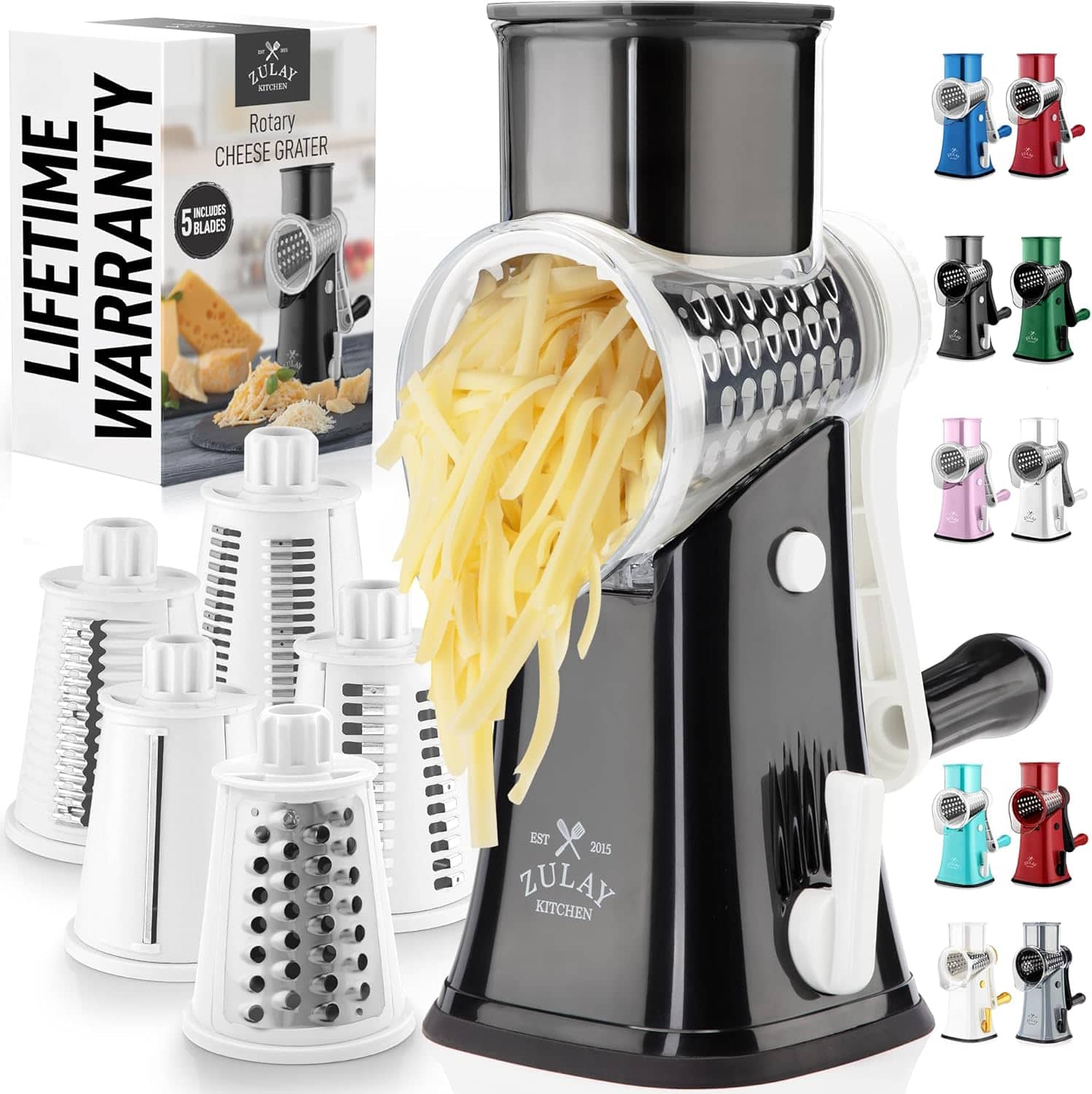 Zulay Kitchen - Rotary Cheese Grater 5 Blade Cheese Shredder with Reinforced Suction & 5 Interchangeable Drums - White and Black